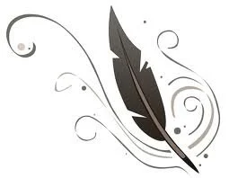 Black and white animated quill with flourishes around it.