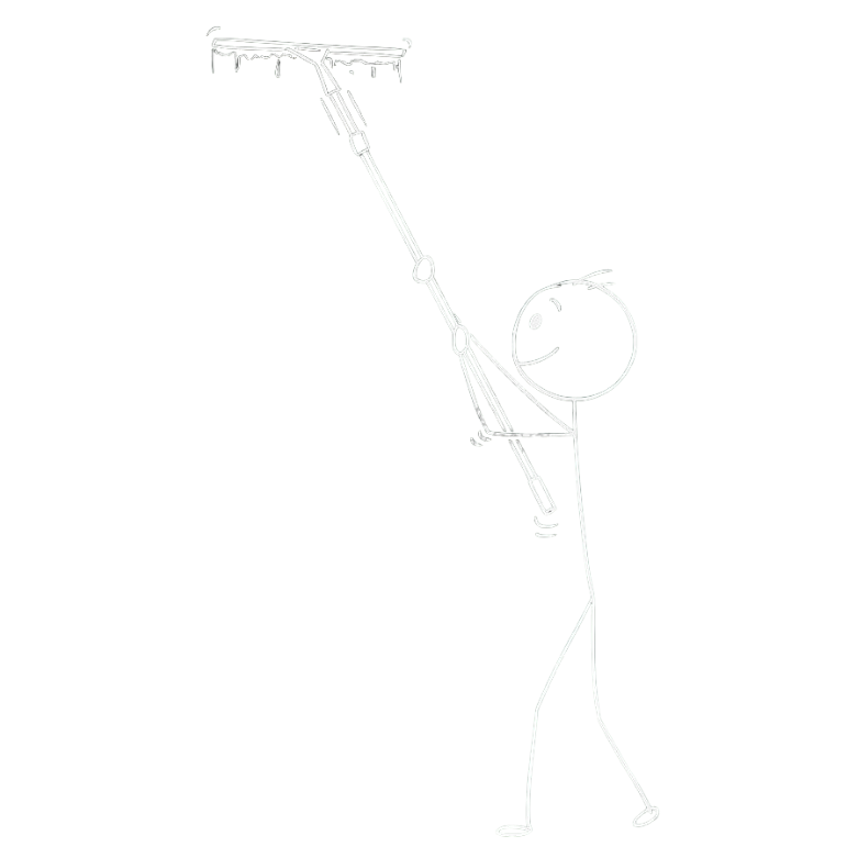 Simple stick figure smiling and holding an extension pole with a squeegee on it.