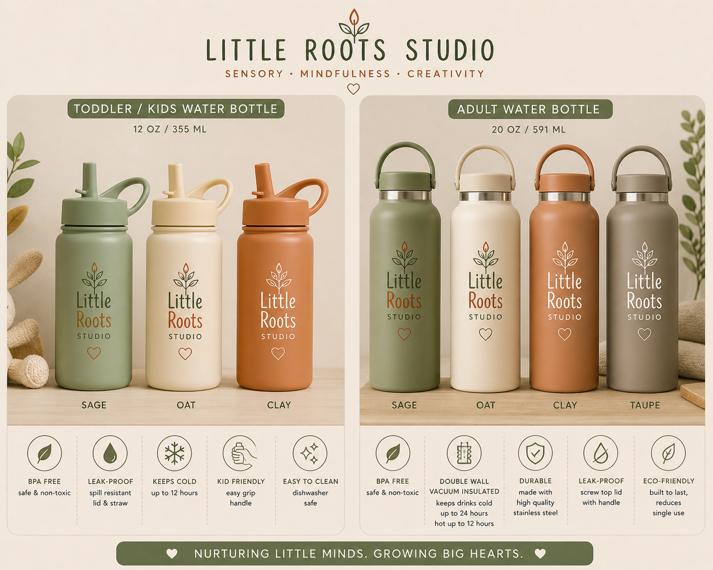 Little Roots Studio water bottles