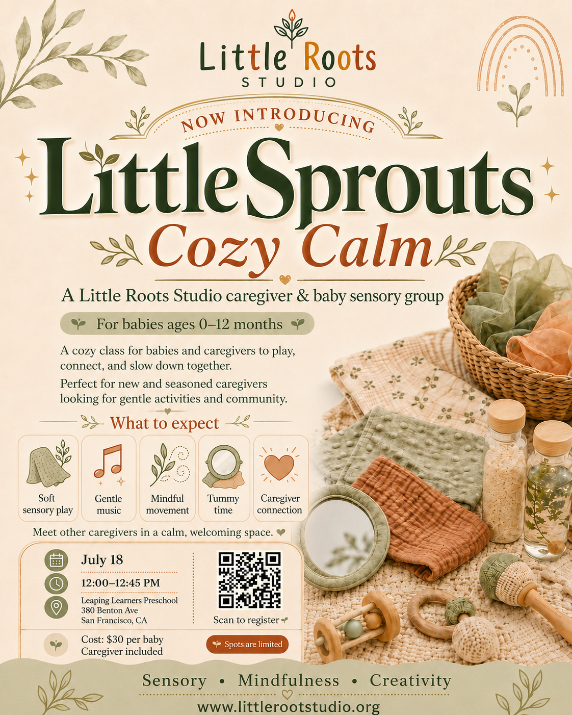 Little Sprouts Cozy Calm caregiver and baby sensory group July 18 2026