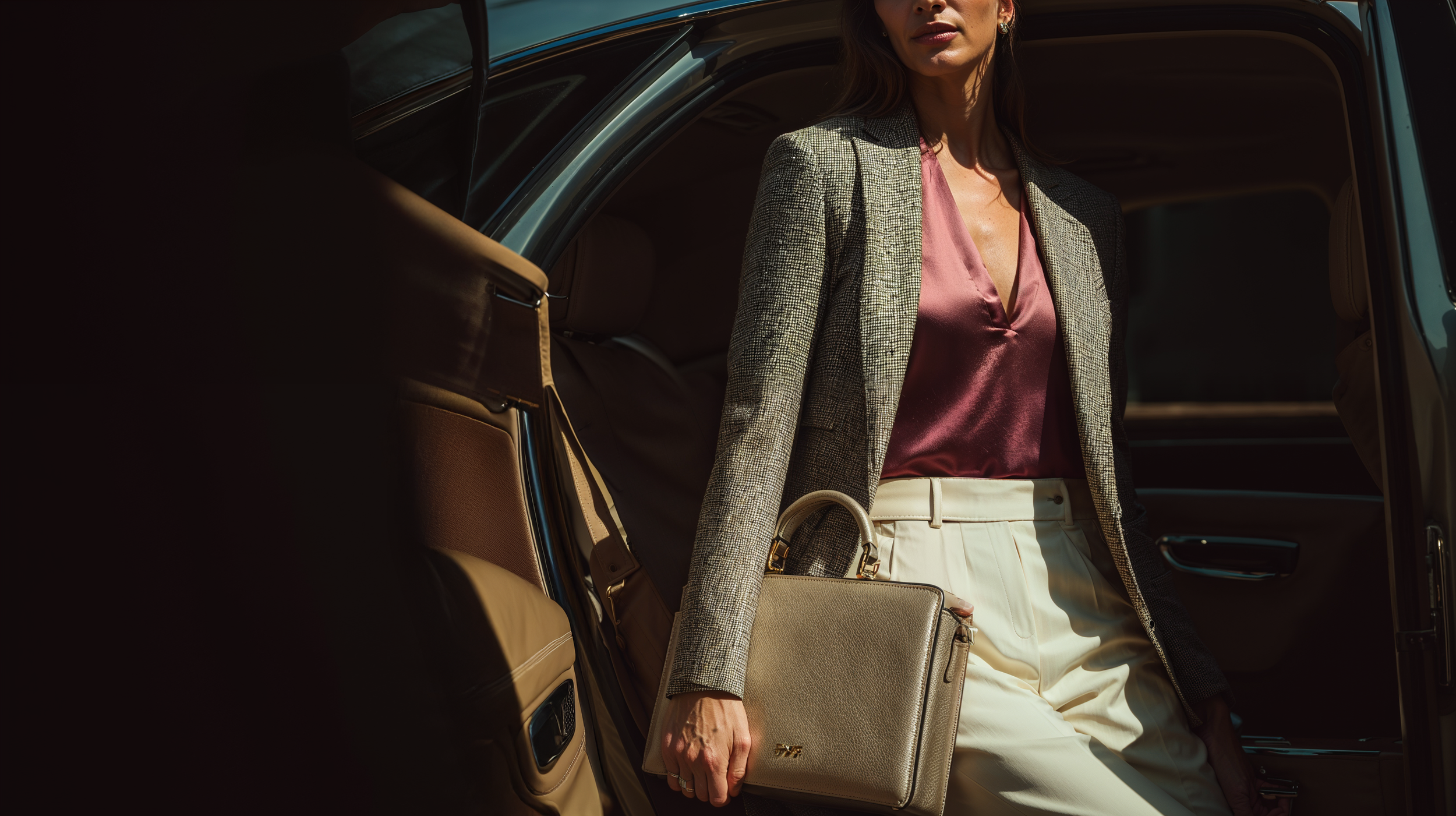 A woman dressed in business attire standing outside a car, holding a beige handbag and a matching clutch.
