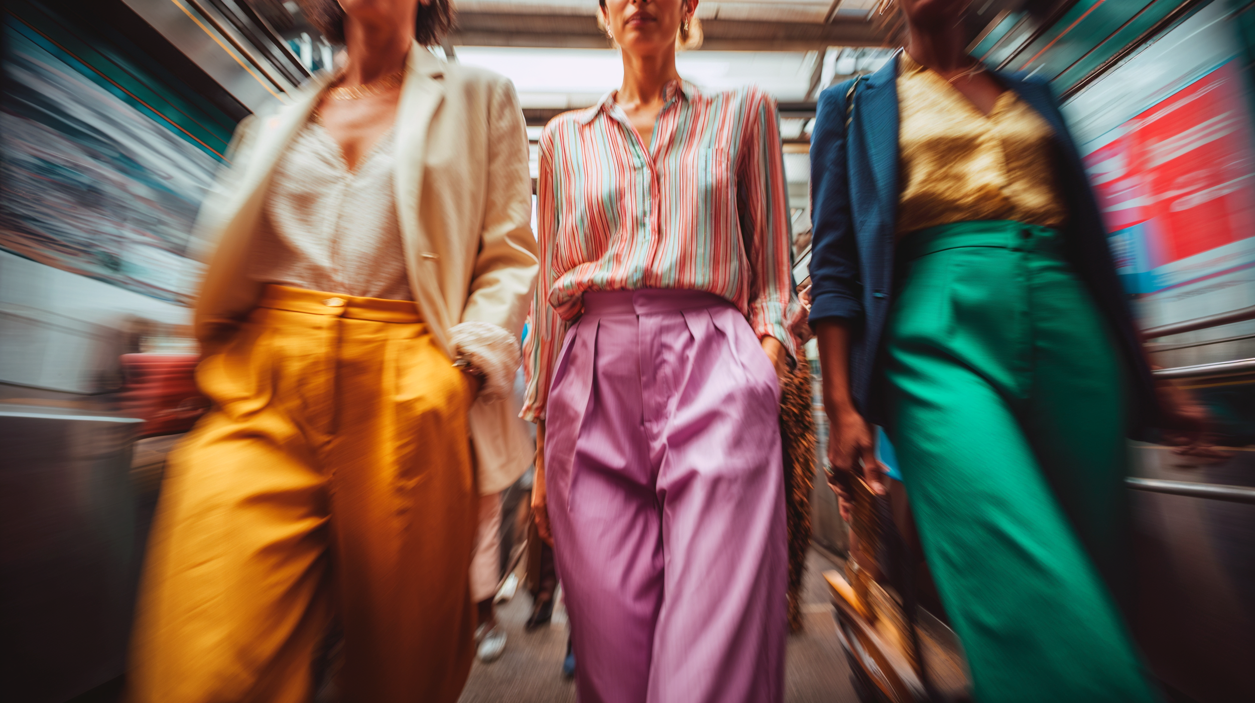 Three women walking through a store aisle, dressed in colorful, fashionable clothing. The image is taken from a low angle, with a blurred background showing shelves and products.