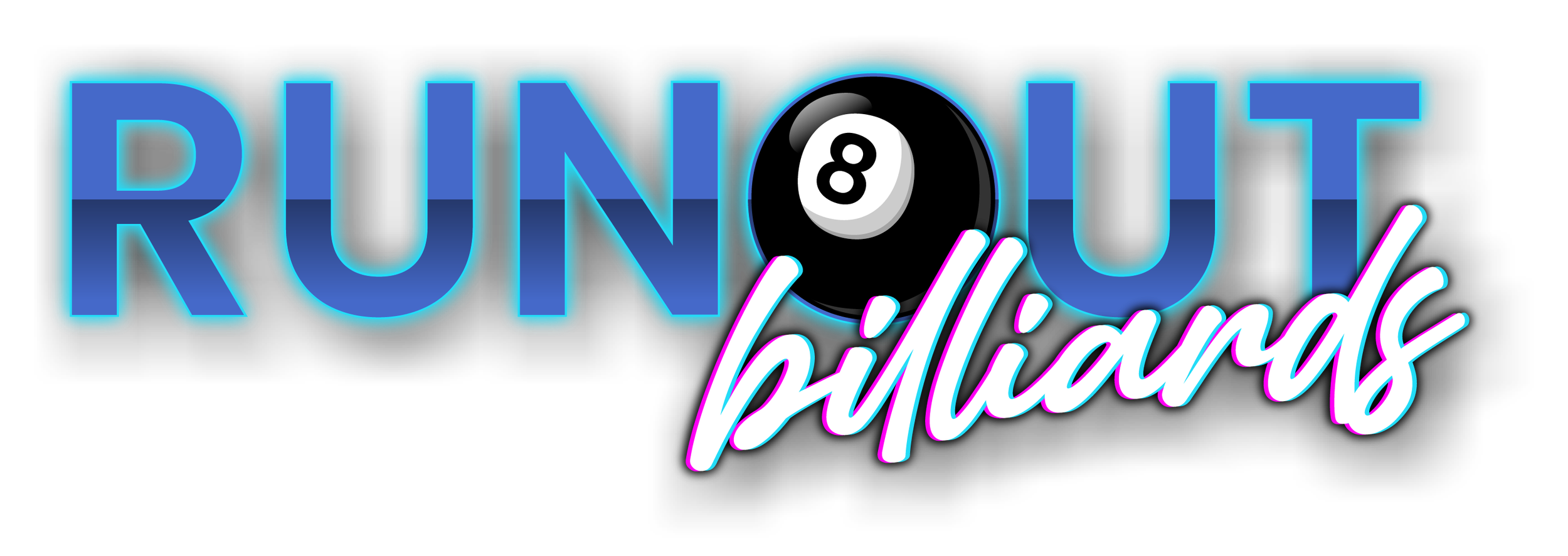 Neon sign with the text 'RUNOUT billiards', featuring a black 8-ball integrated into the lettering.