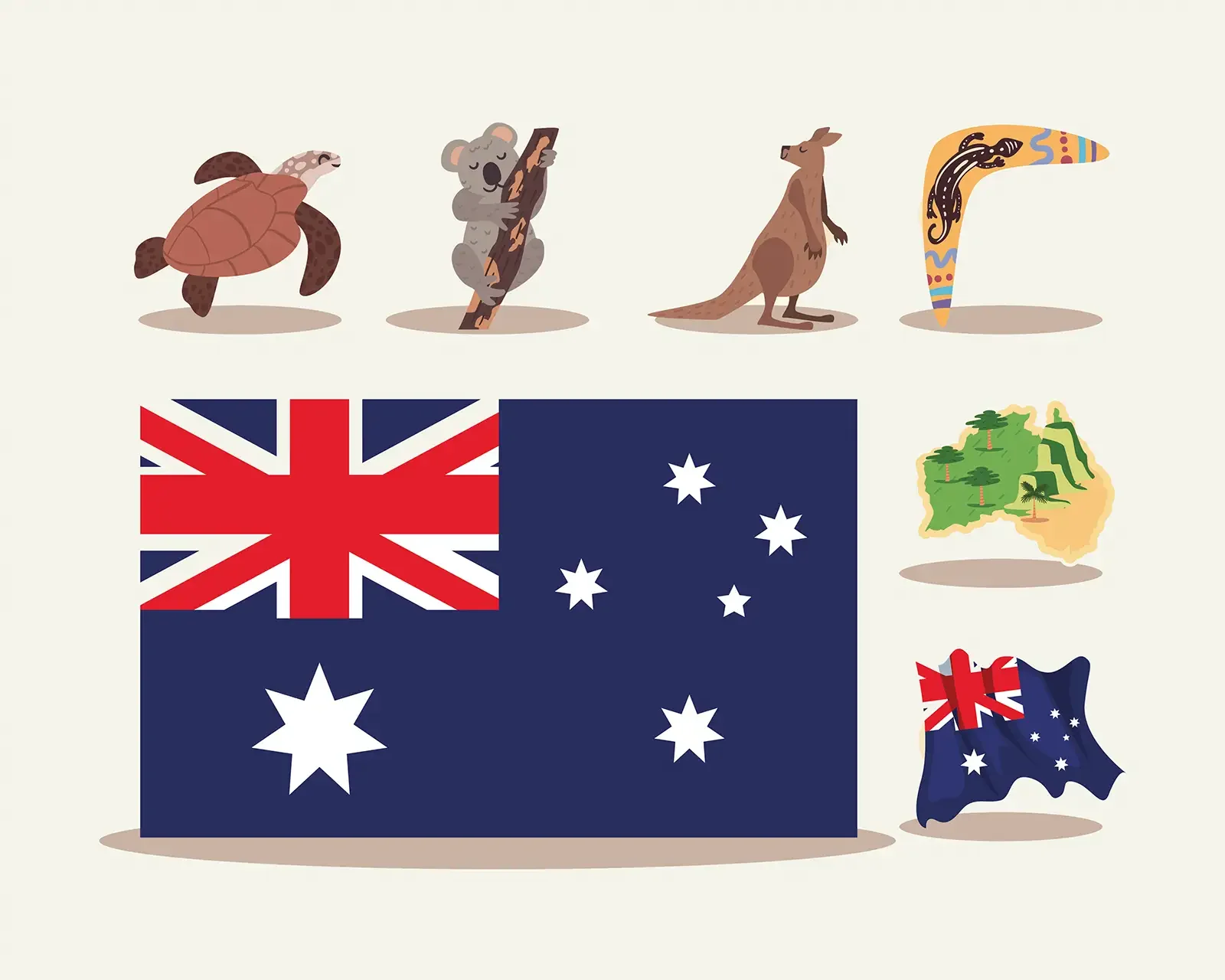 Illustration of Australian animals including a turtle, a koala with a tree branch, a kangaroo, and a lizard. Contains Australian flags and a map of Australia.