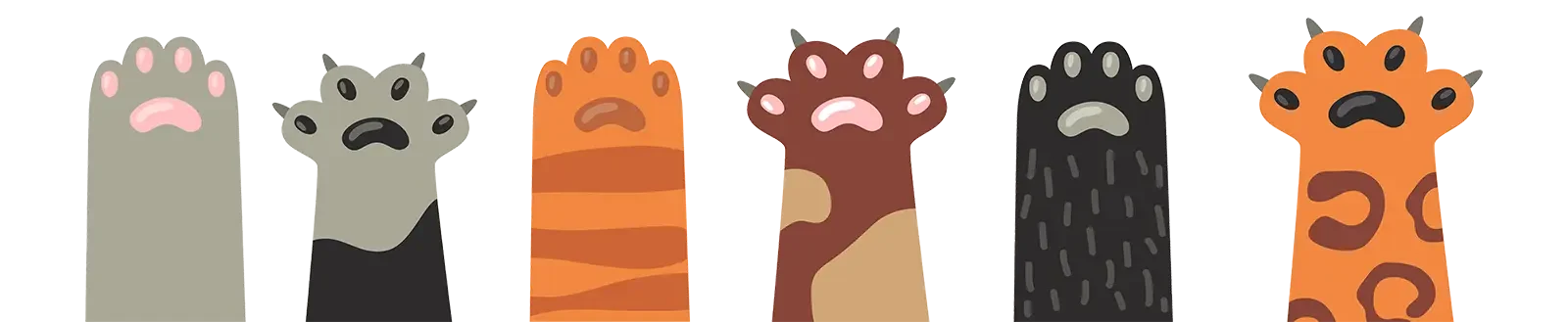 Six illustrated animal paws with different colors and patterns, each with a sad or distressed facial expression.