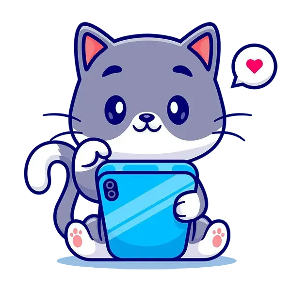 Cute cartoon gray cat holding a smartphone with a speech bubble containing a red heart