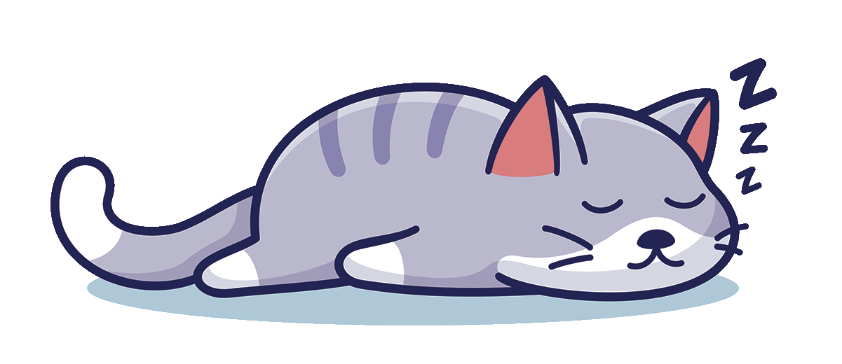 Cute cartoon gray tabby cat sleeping on its side with closed eyes, small 'Z' symbols indicating sleep, a pale blue pet pad, and pink inner ears.