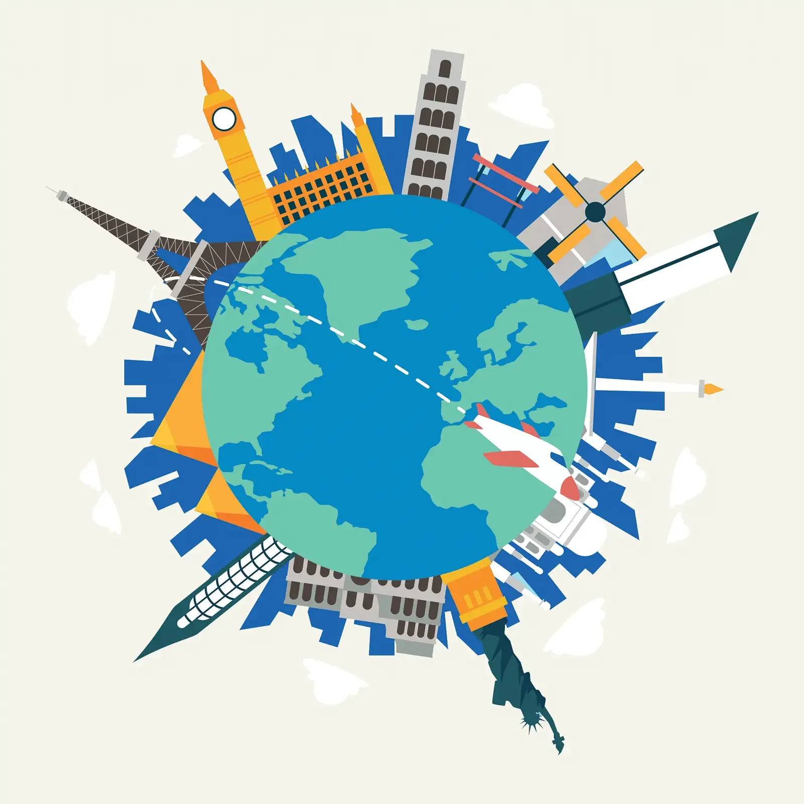 Illustration of a globe with famous landmarks around it, including Big Ben, the Eiffel Tower, the Leaning Tower of Pisa, and the Sydney Opera House, representing global travel and cultural diversity.