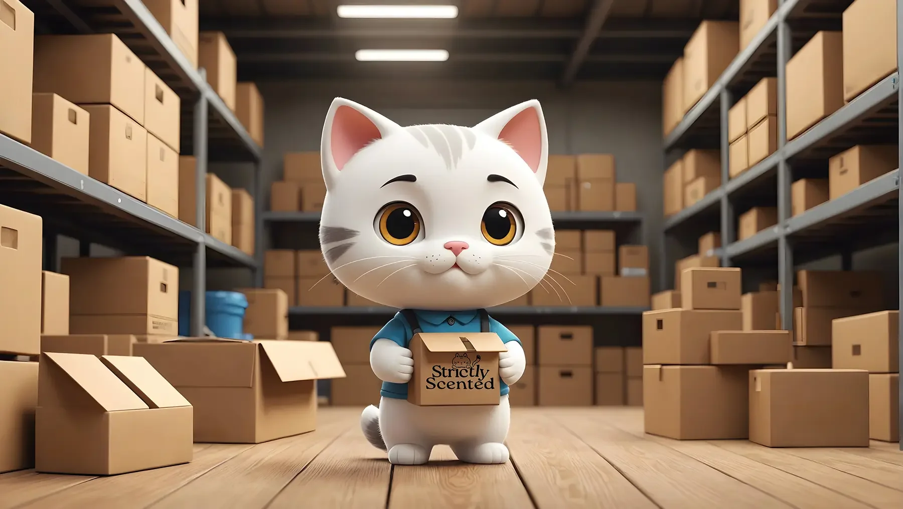 An animated white cat with large eyes and pink ears stands in a warehouse aisle, holding a small box labeled "Strictly Scented". The warehouse is filled with stacked cardboard boxes on metal shelves.