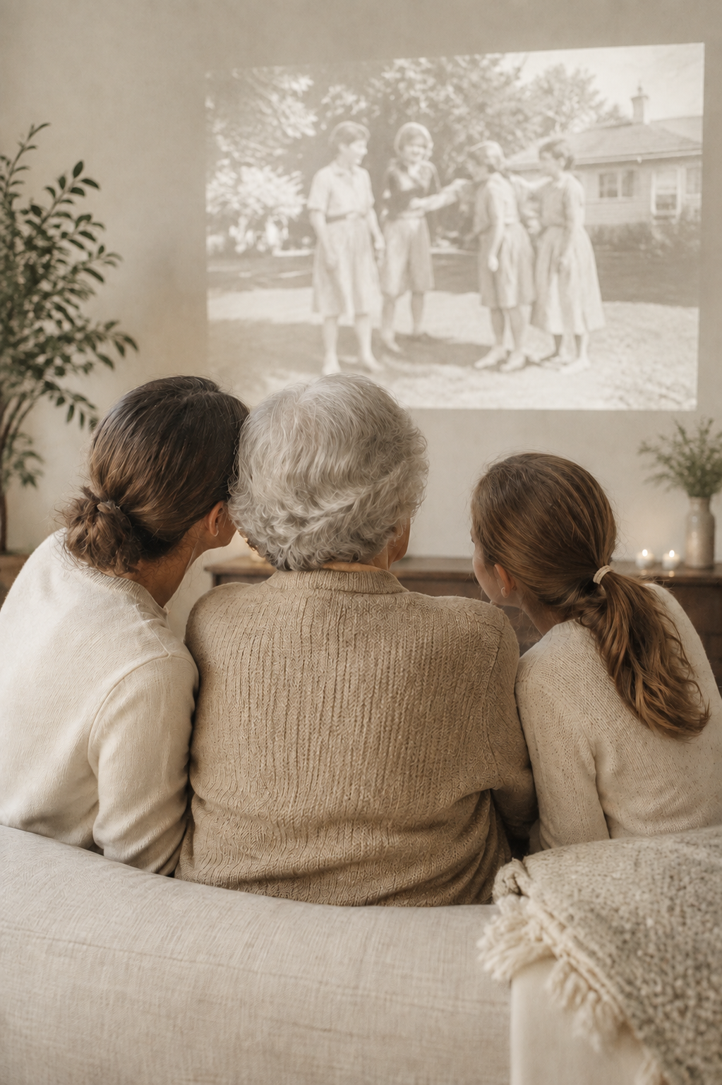 Three women watching a black-and-white vintage photograph of four girls outdoors projected onto a wall.