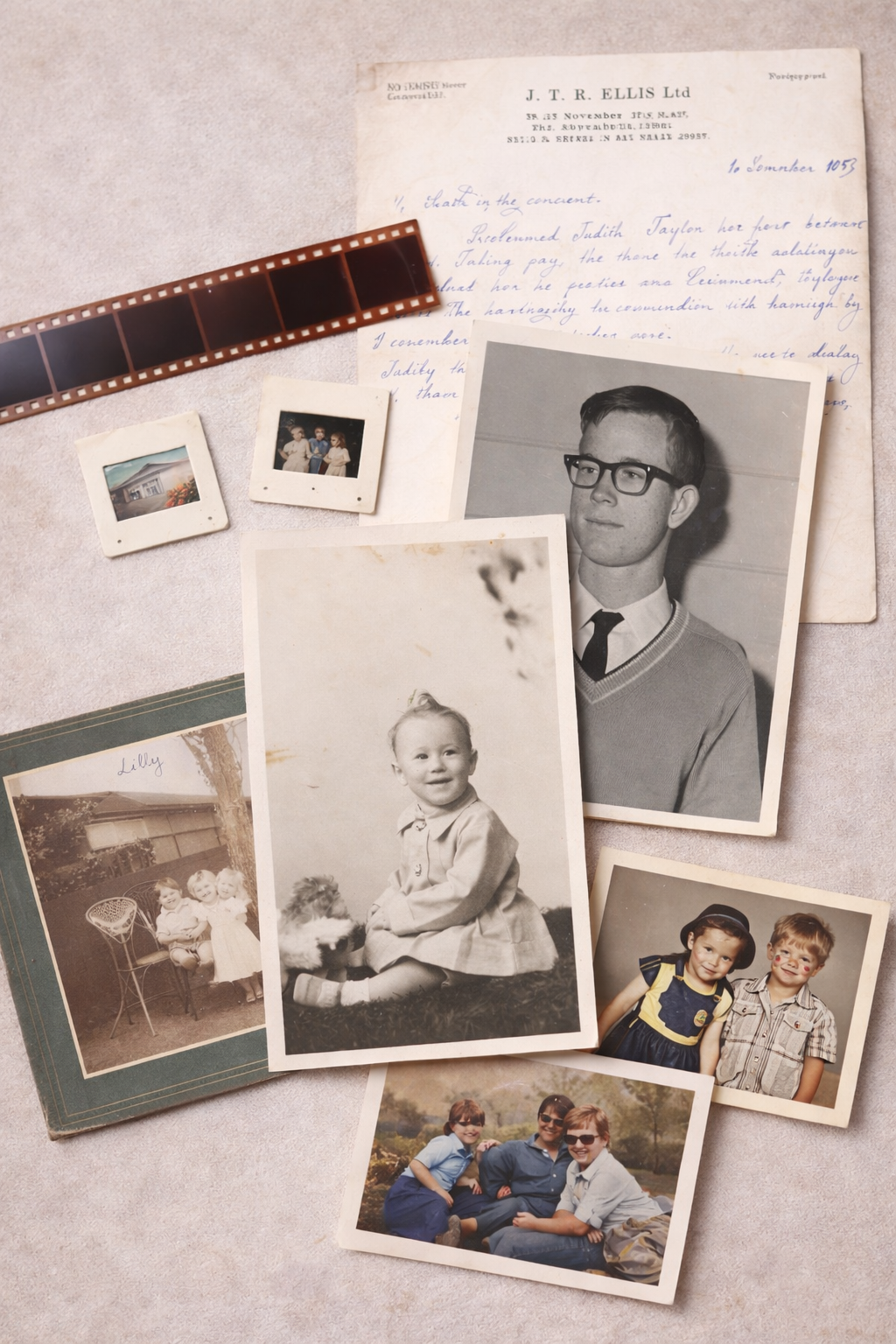 A collection of vintage photographs, a strip of film negatives, and a handwritten letter or note on paper ready for scanning and digitisation.