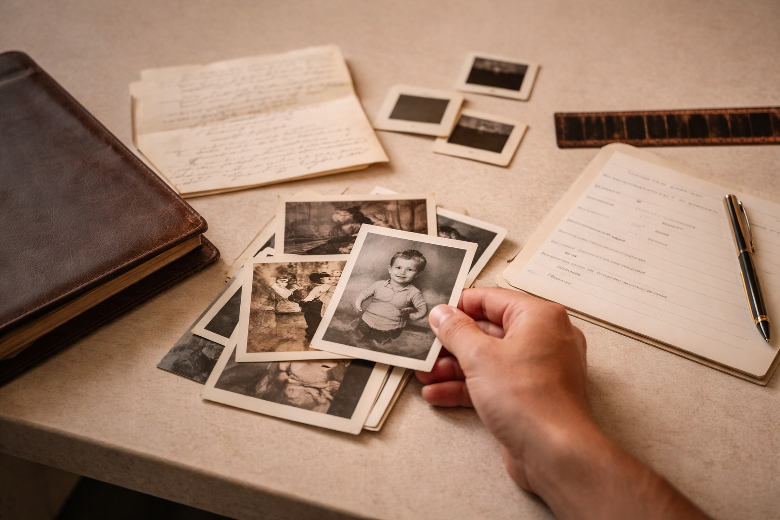 Person holding a vintage black-and-white photo of a smiling young child at a desk with old photographs, handwritten letters, a notebook, a pen, a ruler, and a paper with writing.