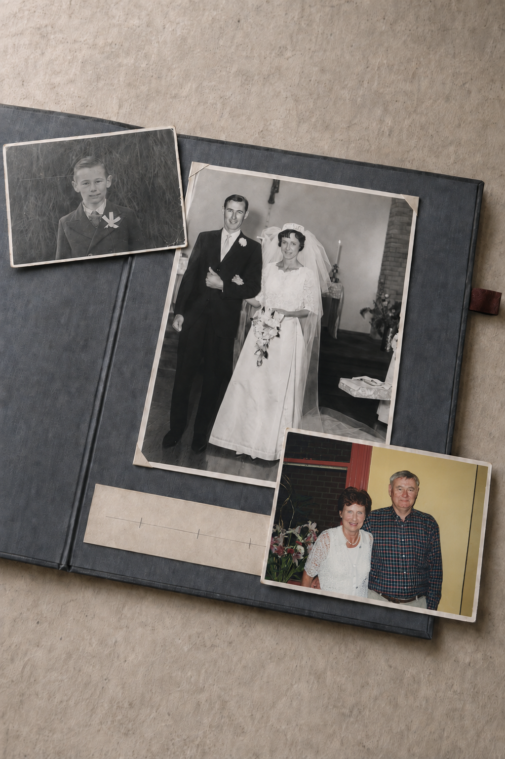 An old photo album displaying three photographs: a childhood portrait of a young boy, a wedding photo of a smiling bride and groom indoors, and an outdoor photo of an older couple standing together in front of a brick wall and yellow wall.