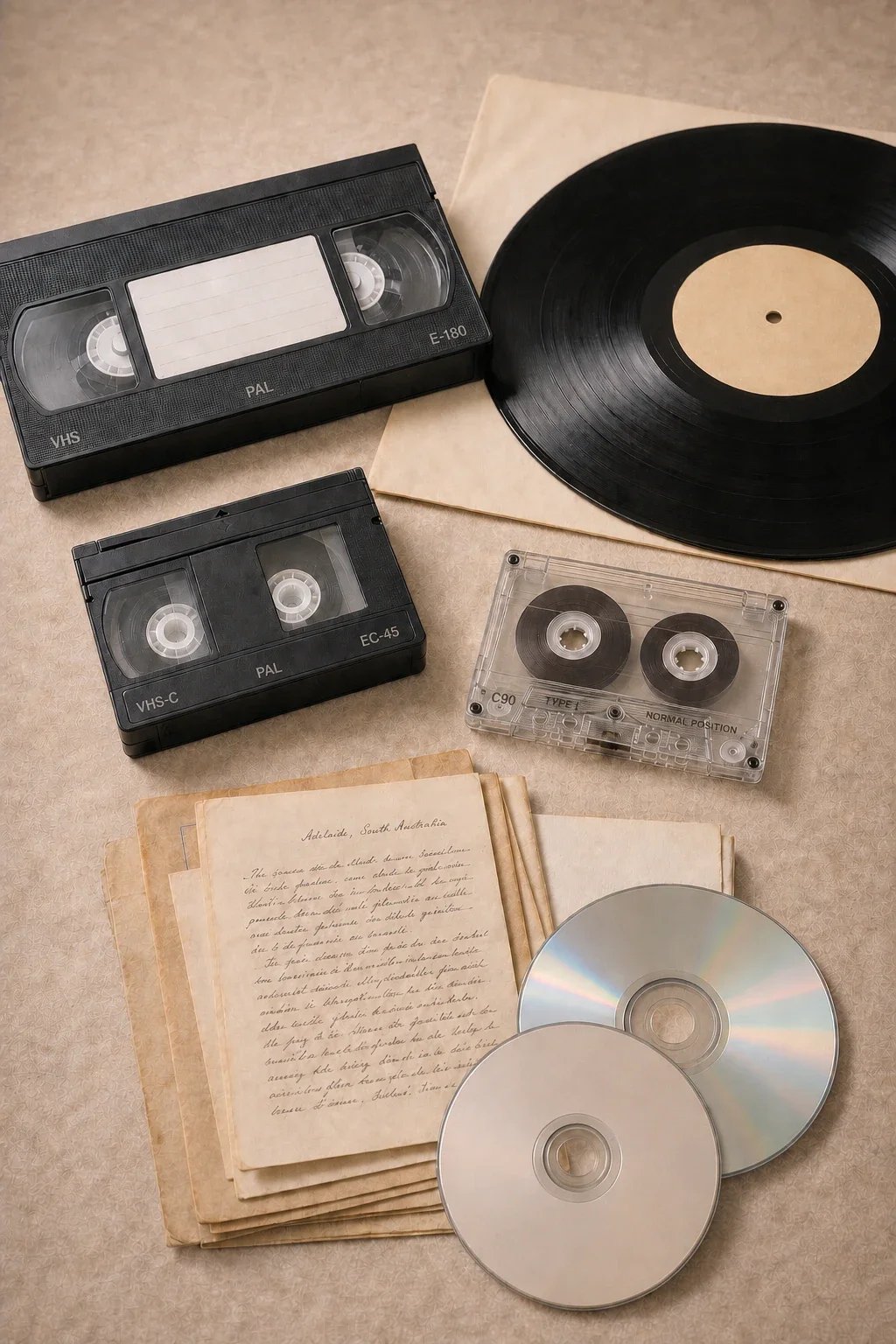 Vintage audio tapes, CD-ROMs, and a vinyl record on a beige table surface.