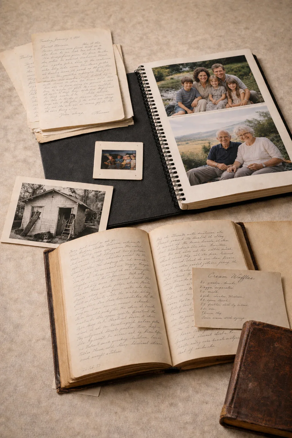 A collection of vintage photographs, handwritten letters, and open scrapbooks with family photos and notes on a beige surface.
