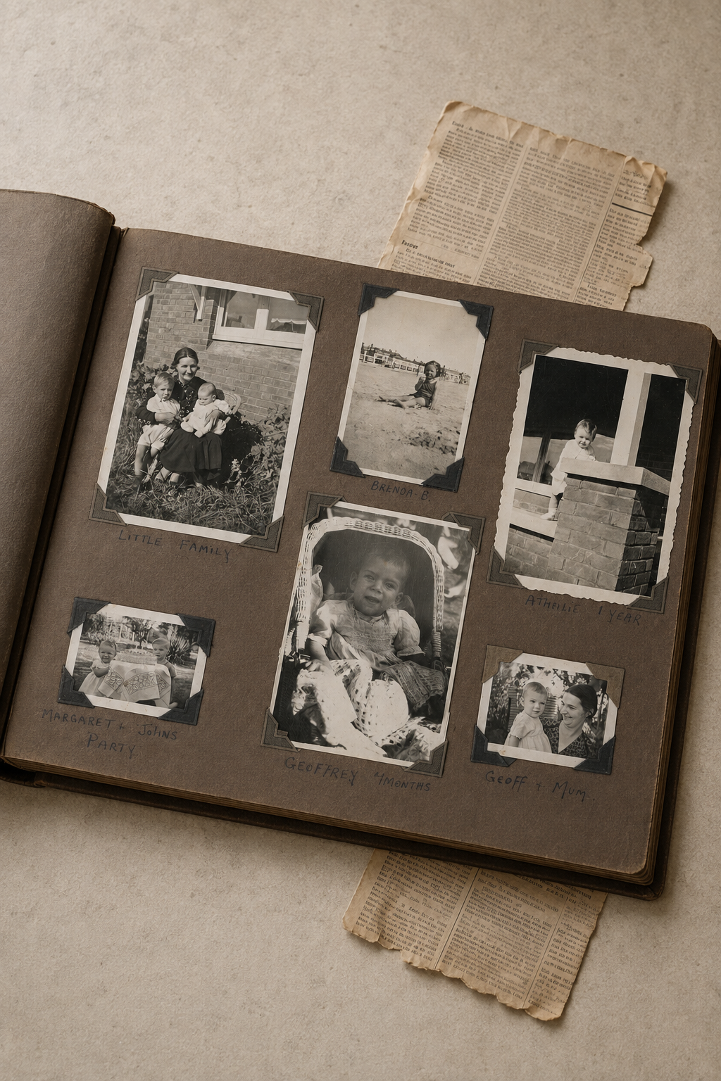 An open baby album with black and white photographs, including images of children and adults, labeled with handwritten captions such as "Little Family," "Brenda - B.," "Athelie 1 Year," "Margaret & Johns Party," "Geoffrey 4 Months," and "Geoff & Mum." Outside the album, there are pieces of old torn newspaper.