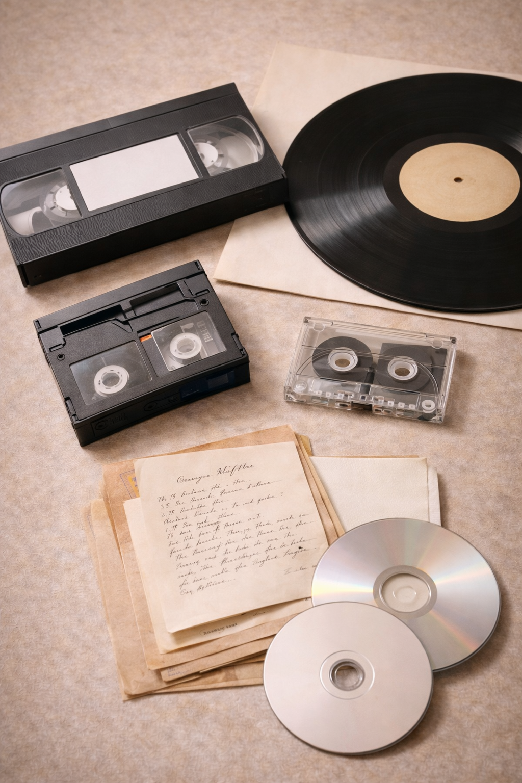 An assortment of vintage audio tapes, CDs, and handwritten notes arranged on a table.