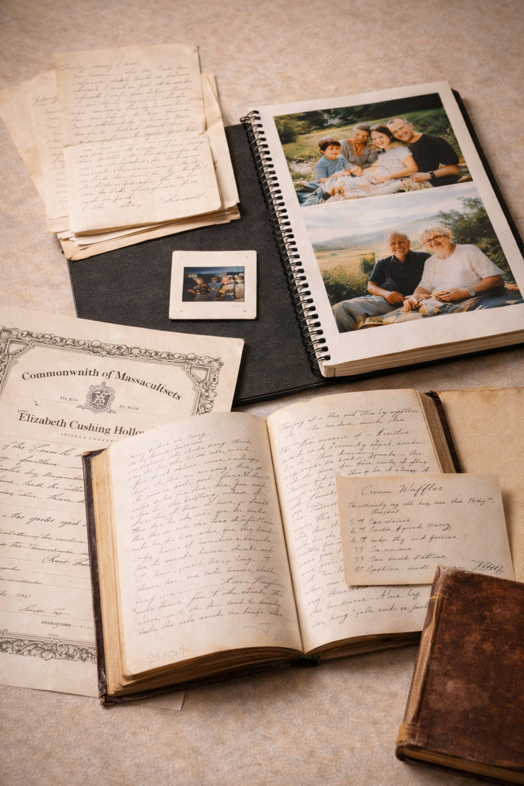A collection of vintage papers, handwritten documents, a small printed photograph, a photo album with pictures of a family, and an open old book on a table.