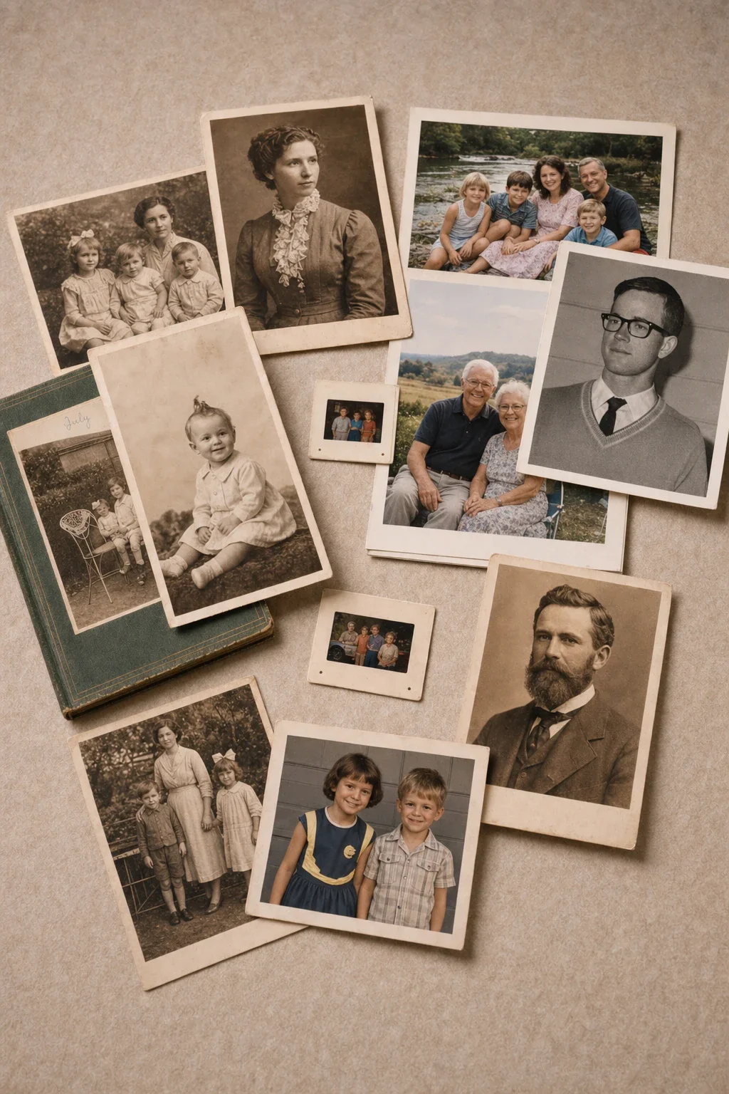 A collection of vintage and modern family photographs spread out on a surface, including portraits of individuals, couples, and groups of children and adults outdoors and indoors.