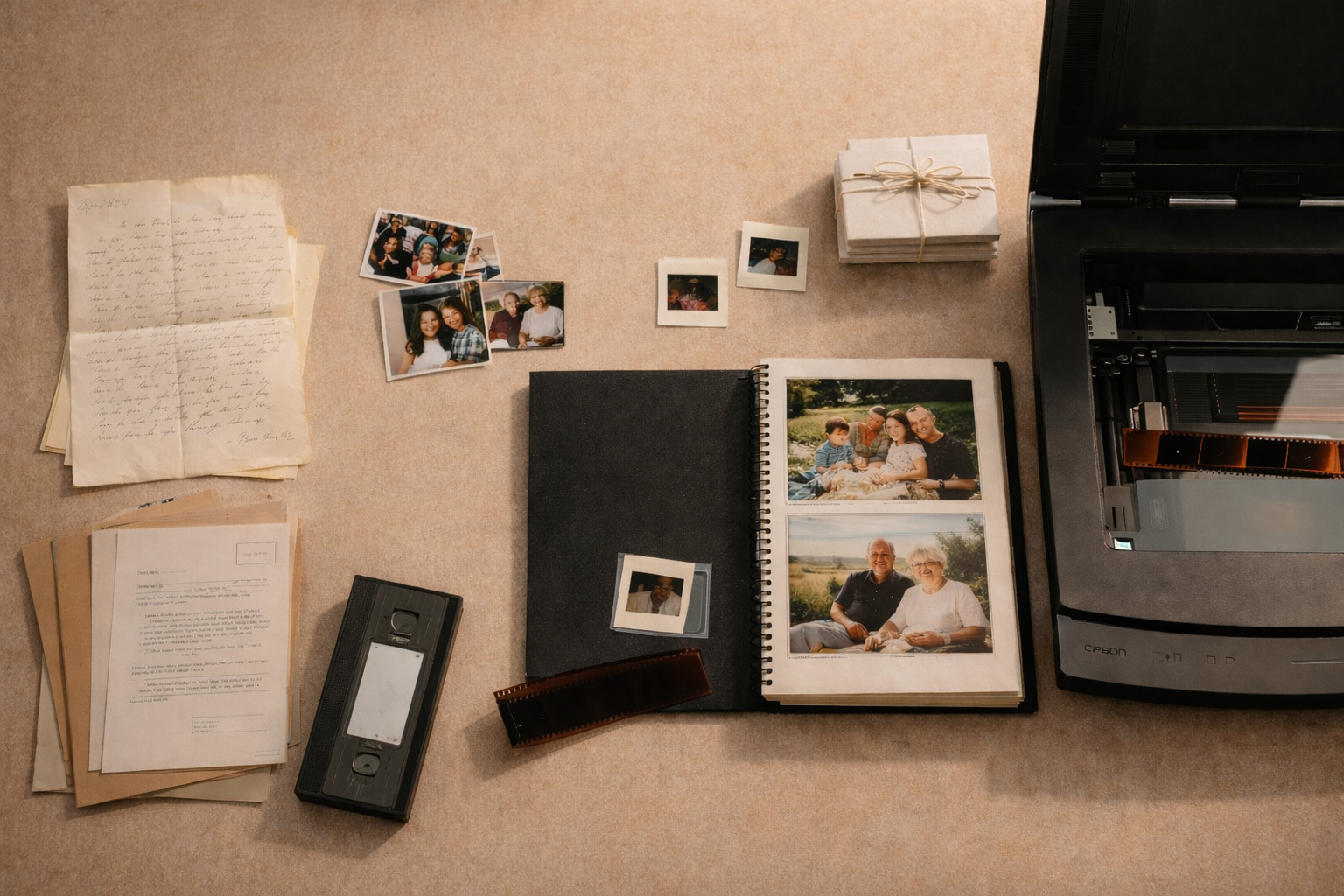 A desk with printed photographs, handwritten notes, a VHS tape, a photo album with family pictures, and a photo printer.