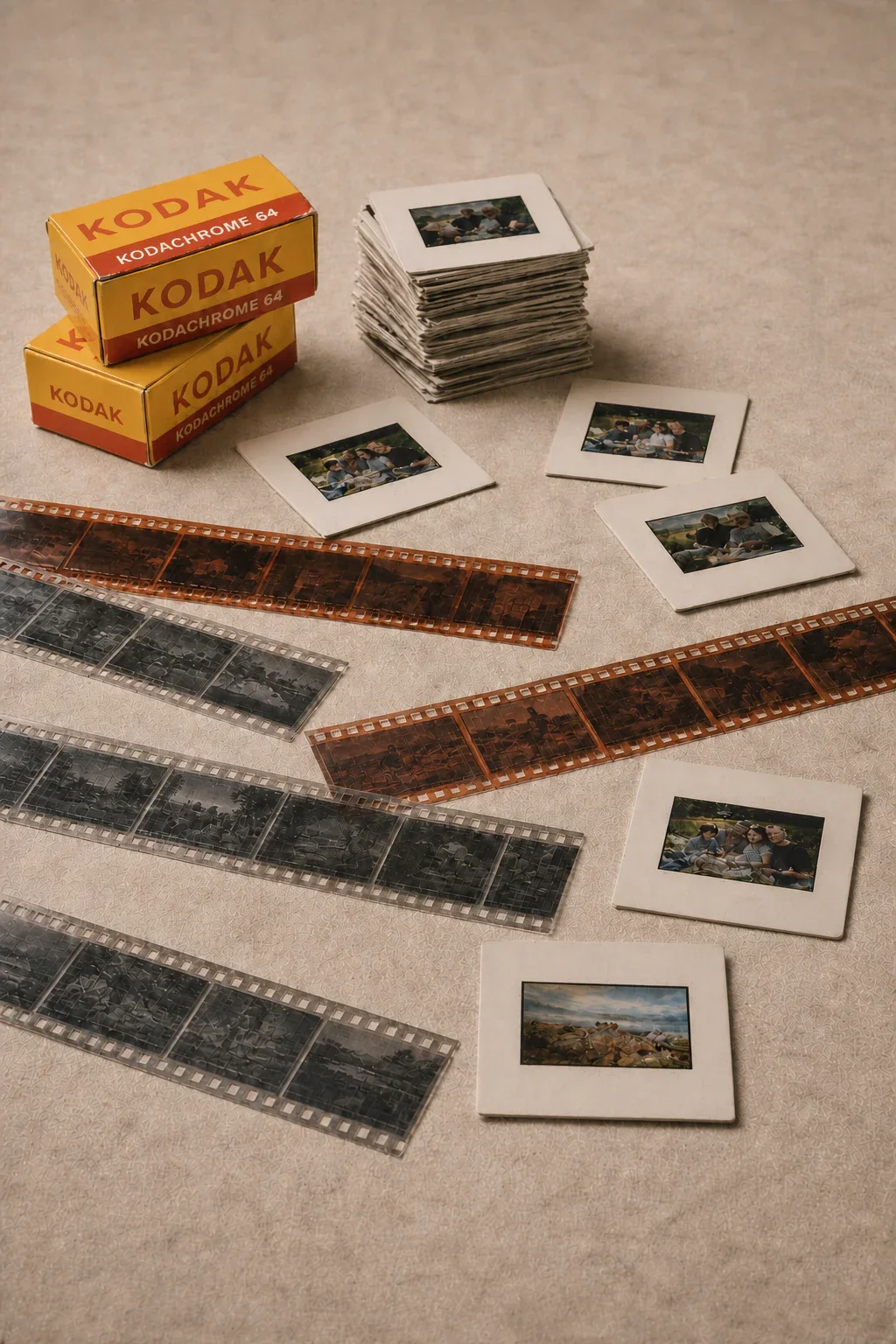 Photograph film strips, printed photos, and Kodak Kodachrome 64 film boxes on a beige table.