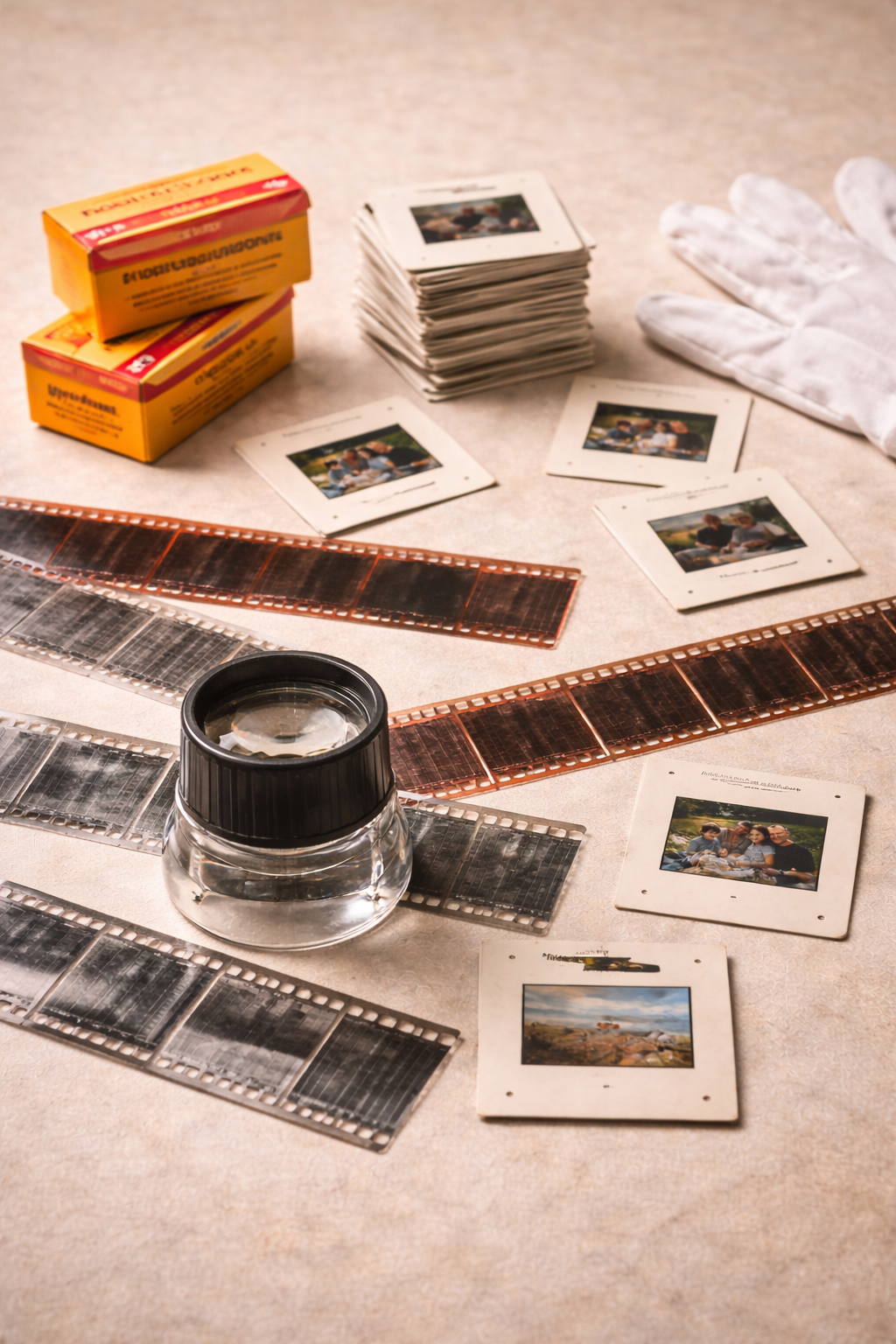 Photograph of slides, a photo album, and boxes of photographic film on a table, with a loupe and protective gloves visible.
