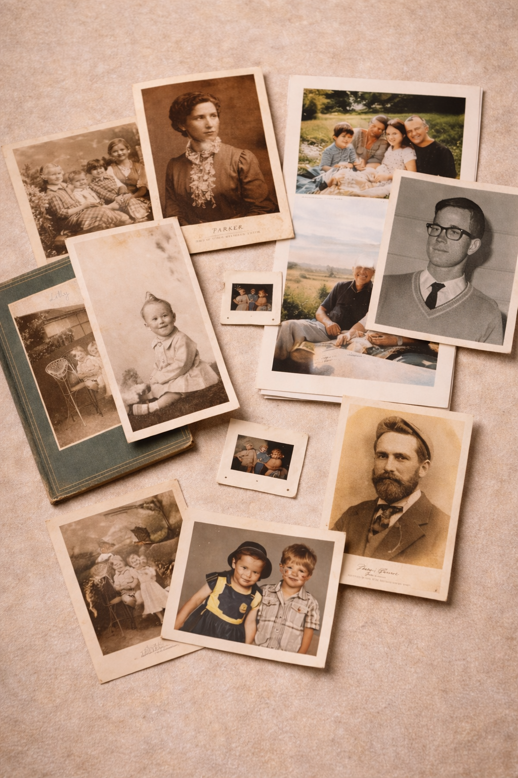 Collection of vintage and modern family photographs spread on a beige surface, featuring Portraits of children, adults, and groups, some in black and white and some in color.
