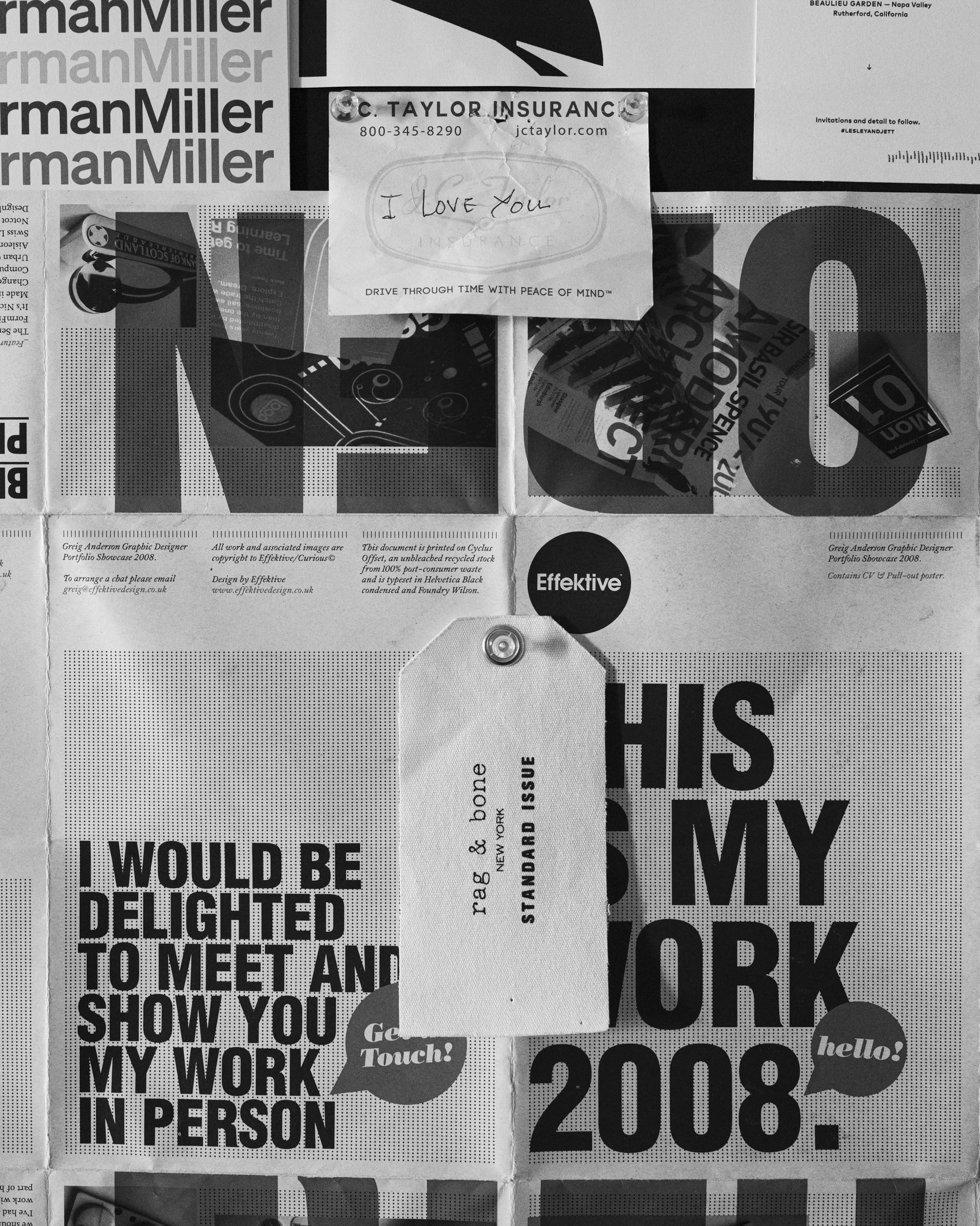 A collage of various black and white graphic design posters, advertisements, and notes pinned to a wall, including a handwritten note saying 'I LOVE YOU' and a quote about driving through time with peace of mind.