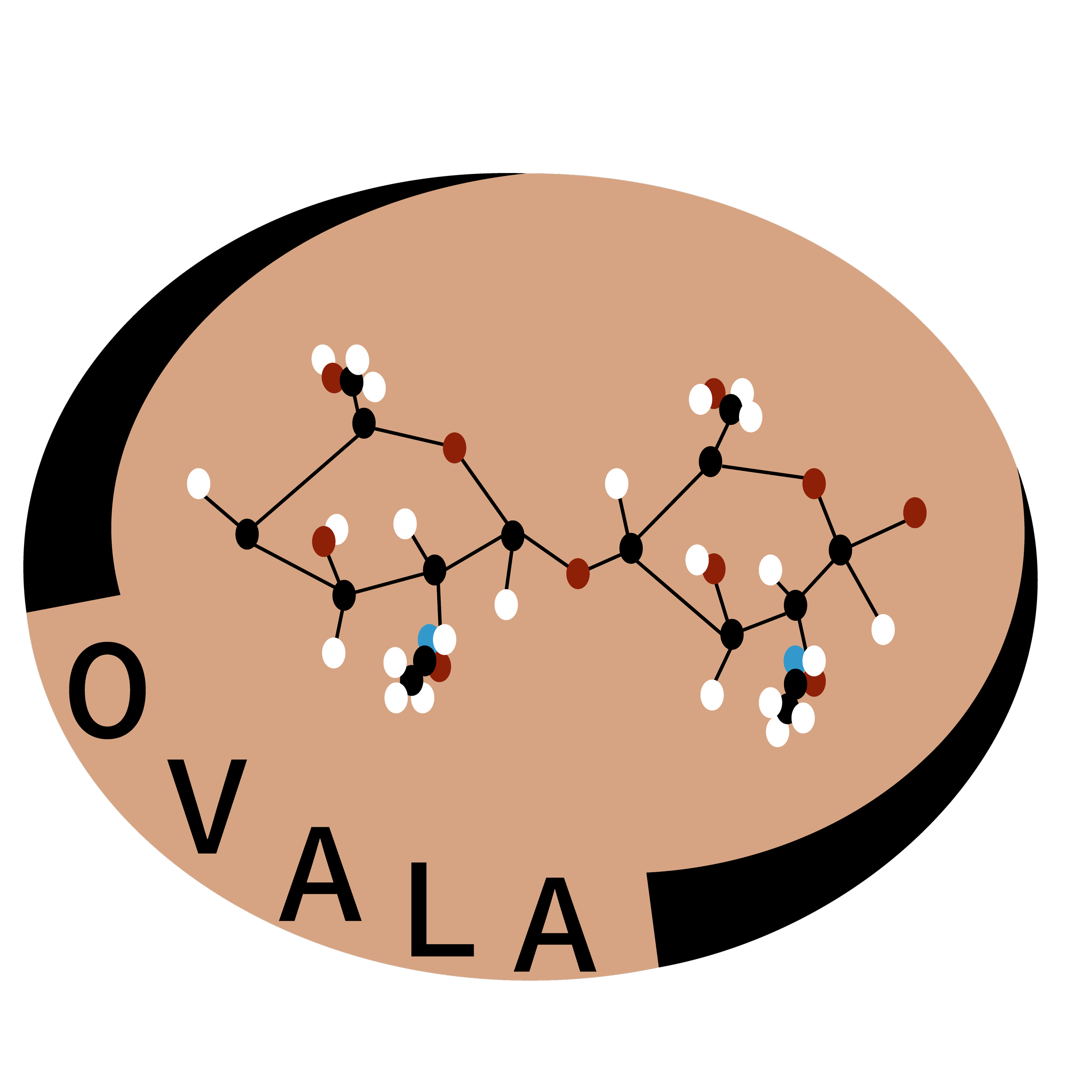 Stylized illustration of an oval with a Chitin/Cellulose particle, showing bonds and elements , overlaid with the word 'OVALA'.