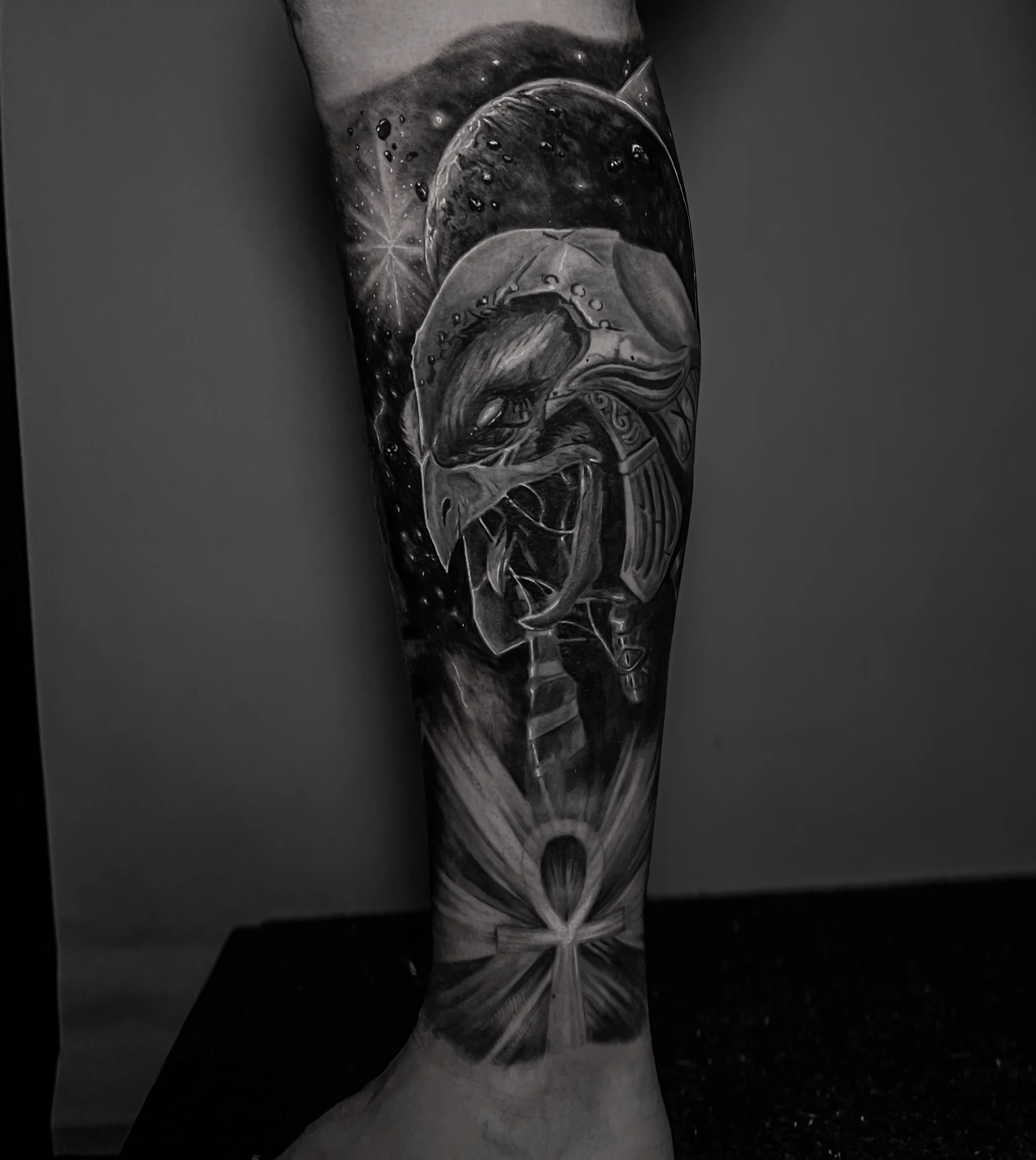 Black and grey tattoo featuring the Egyptian god Horus with stars with a galaxy background.