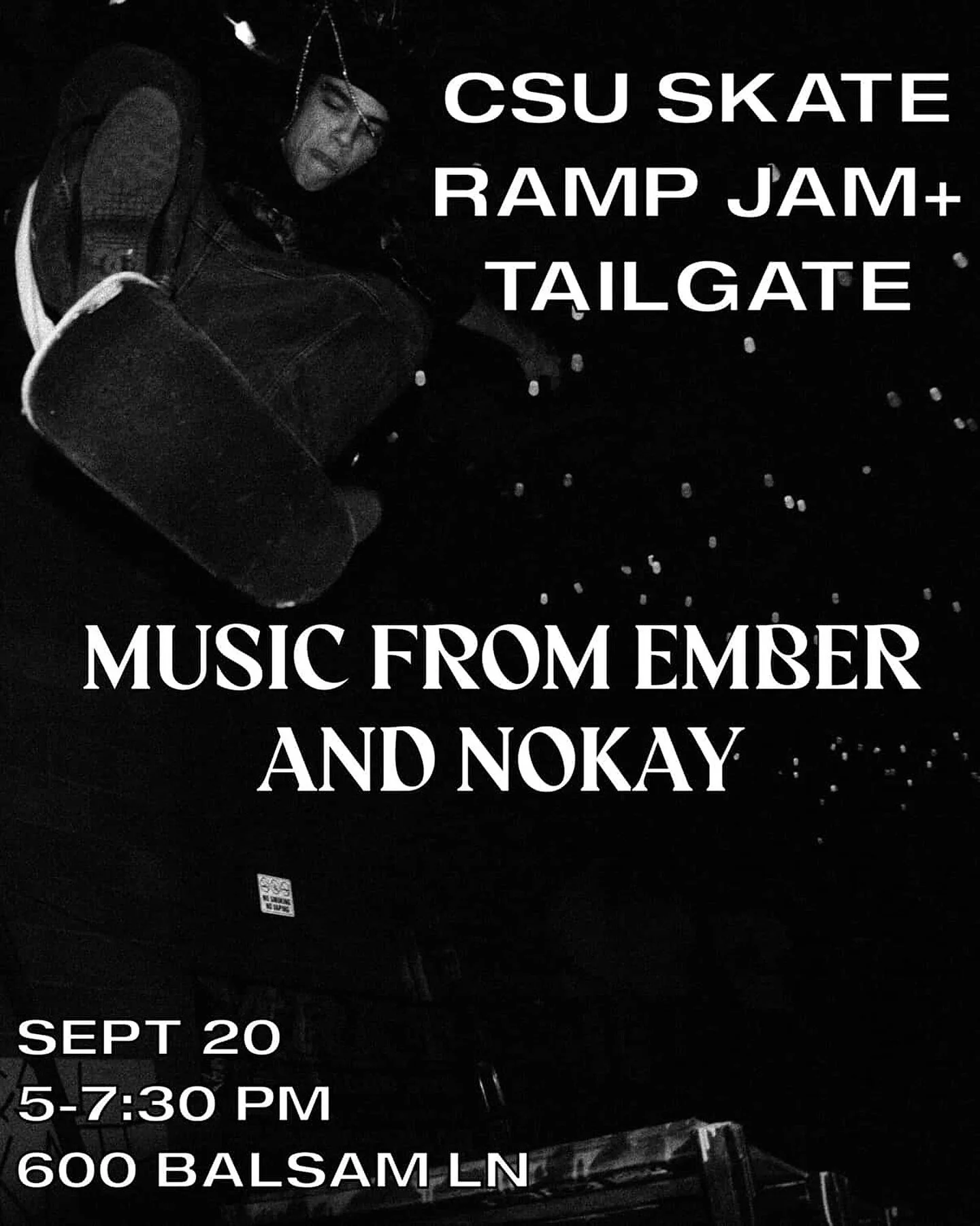 Ramp jam and tailgate this Saturday 
September 20th
Music starts at 5pm
600 Balsam Lane

@thebandember 
@nokaytheband
