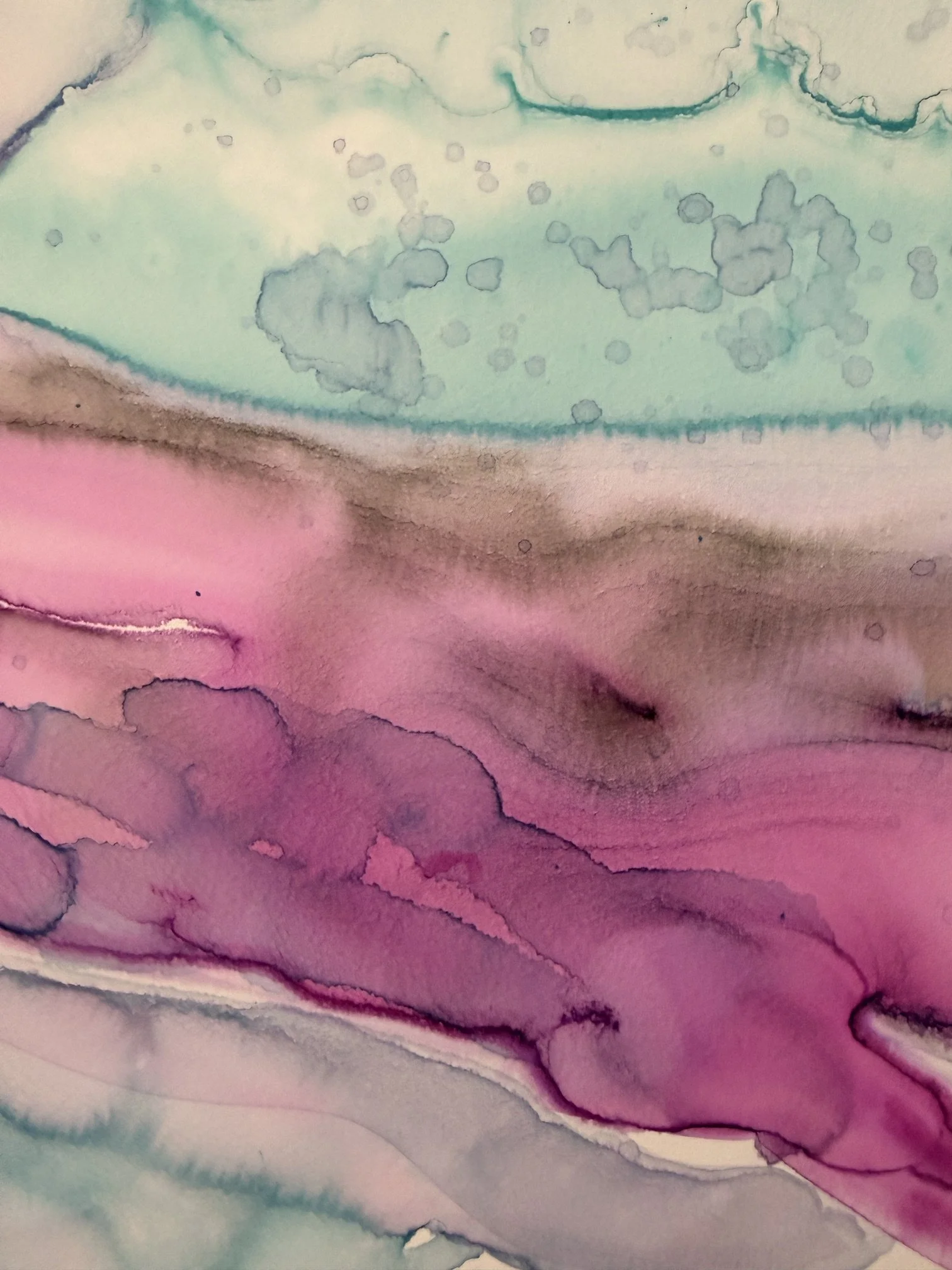 Abstract watercolor painting with pastel shades of pink, purple, teal, and beige.