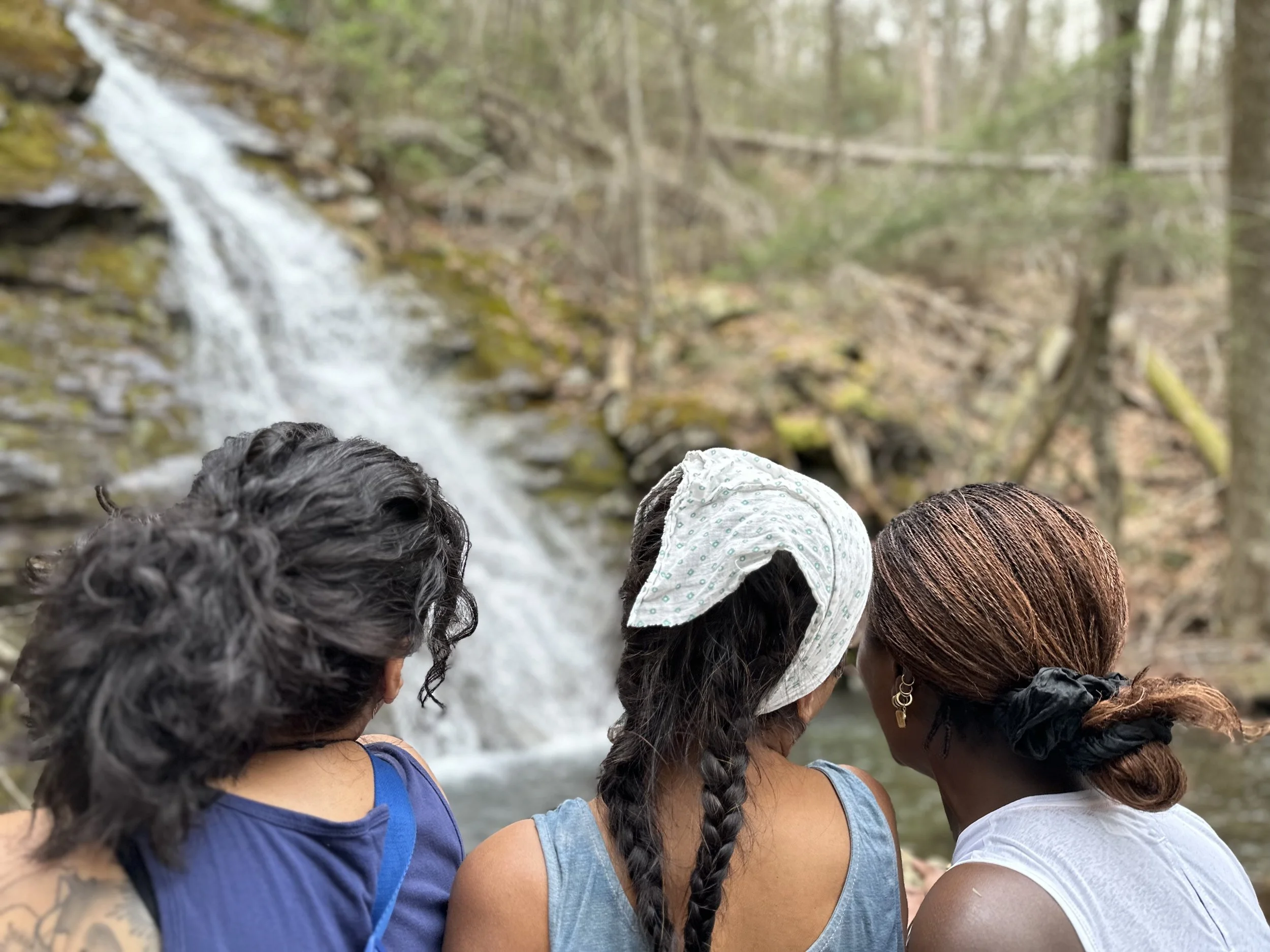 Three women with braided hair and headscarves sitting by a waterfall in a forest, viewed from the back.