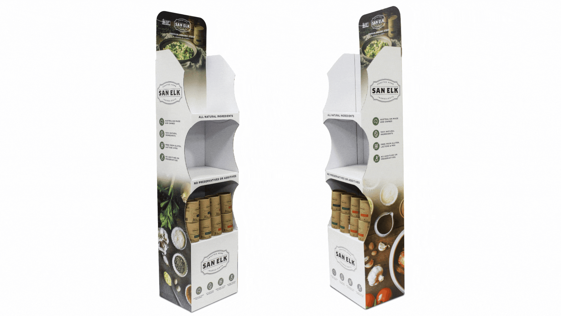 Empty San Elk product display stand with turmeric and other spices, showcasing natural ingredients.