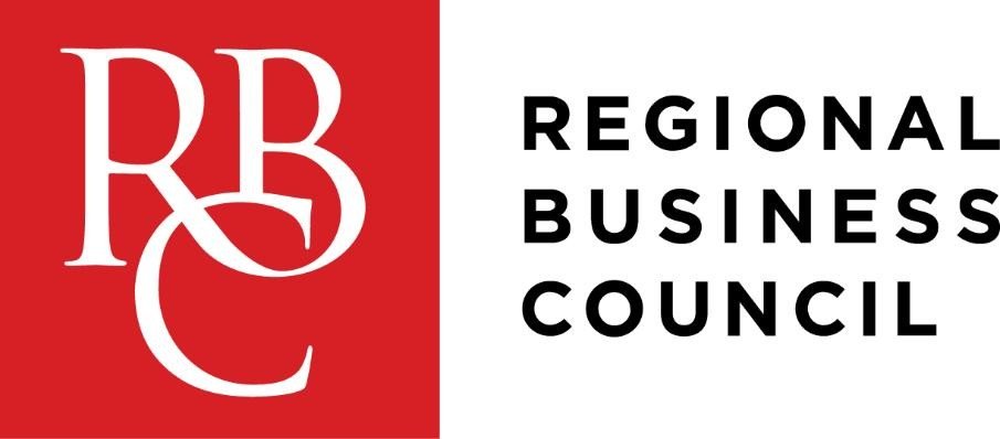 Logo of the Regional Business Council with red and white initials RBC on a red background and black text next to it.