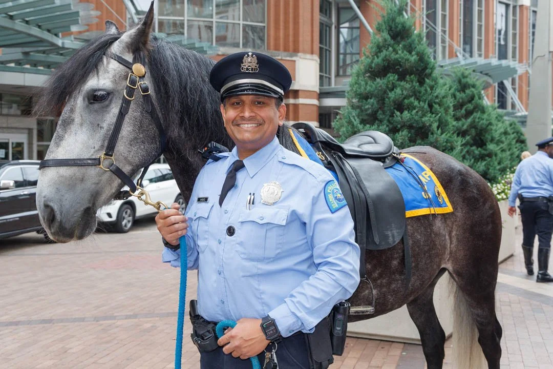 A smiling police officer in uniform standing next to a police horse in an urban area.