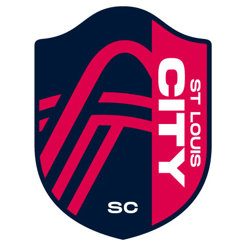 St. Louis City SC team logo with a shield design, featuring a stylized fencer in pink and navy blue.