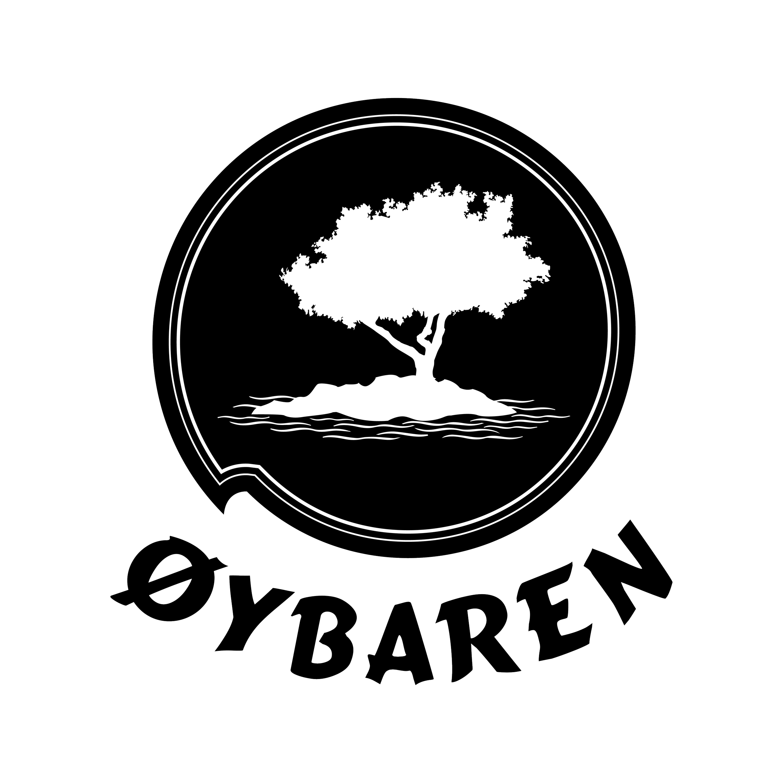 Logo featuring a tree on a small island with water surrounding it, and the word 'ØYBÁRE' curved beneath.