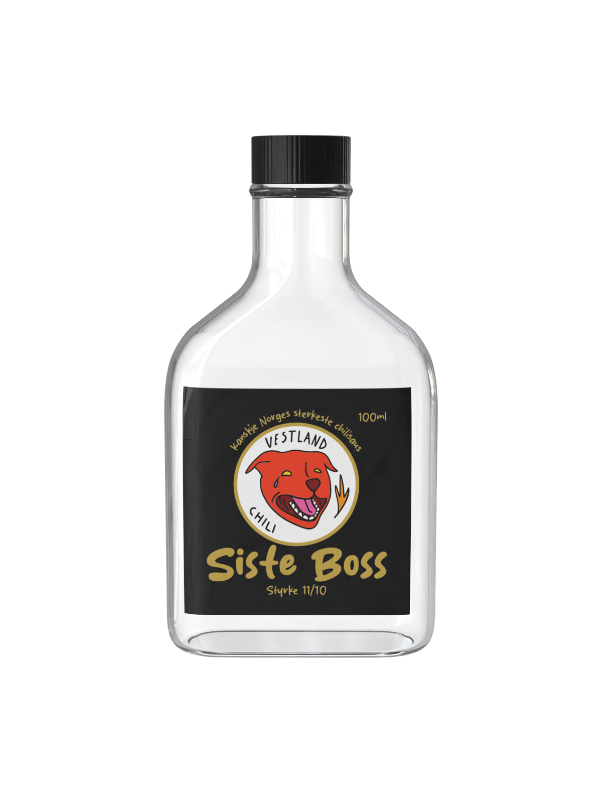A clear liquor bottle with a black screw cap, label featuring a cartoon dog and text 'Siste Boss', with additional text in Norwegian and 'Chili' indicating a spicy flavor, and 'Strength 11/10'.