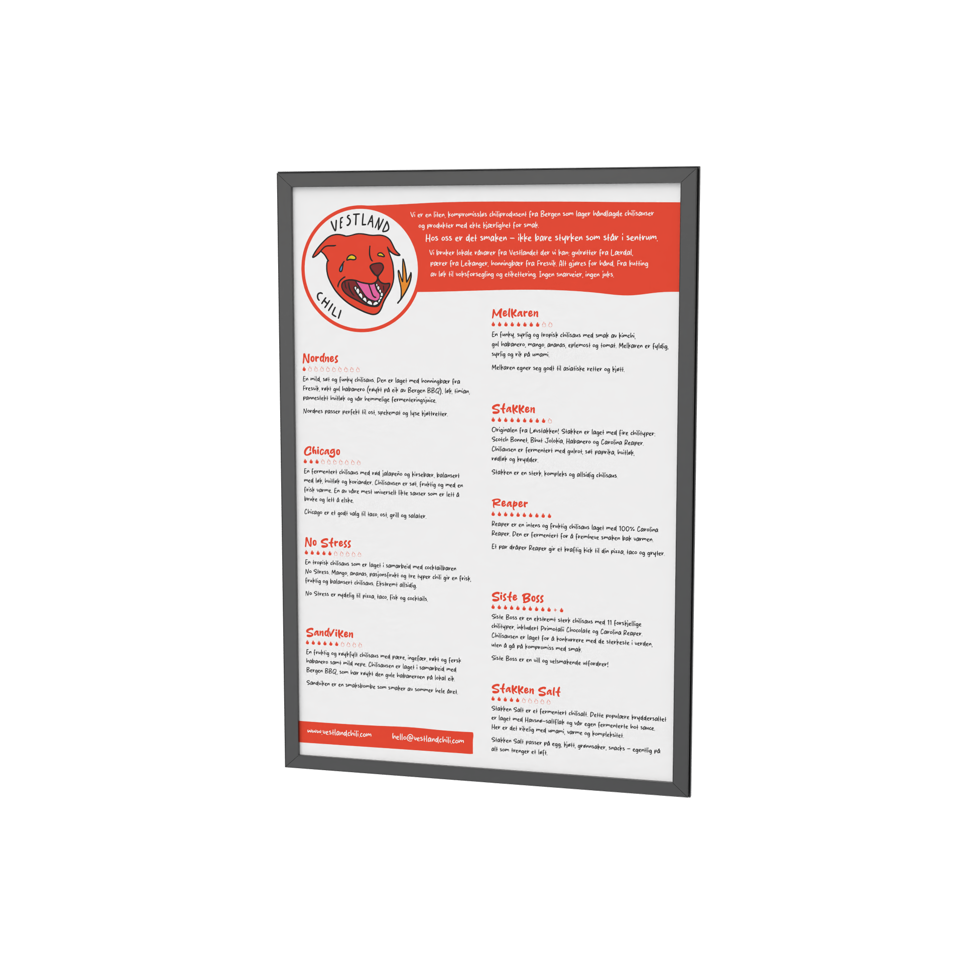 Framed restaurant menu with a circular logo featuring a dog and the words 'Vestland Chili' in red and black.