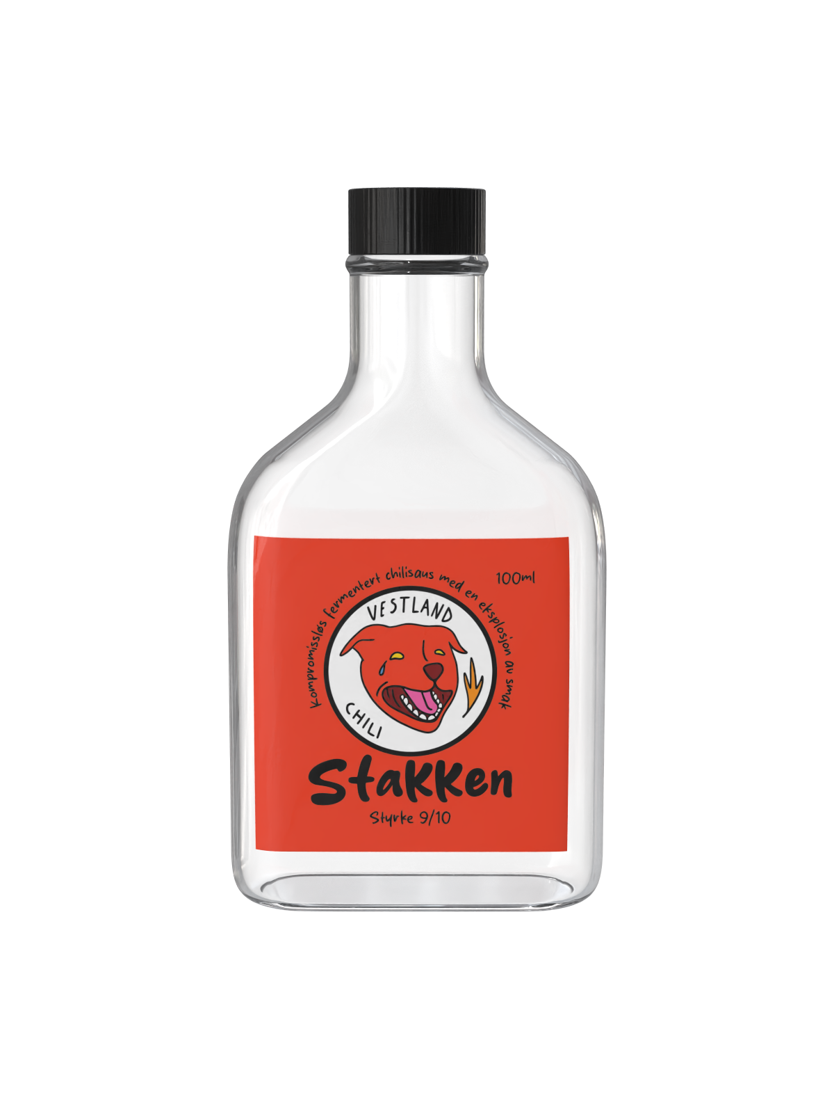 Bottle of hot sauce labeled 'Stakken' with a cartoon dog face and chili peppers on the label, 100ml capacity.