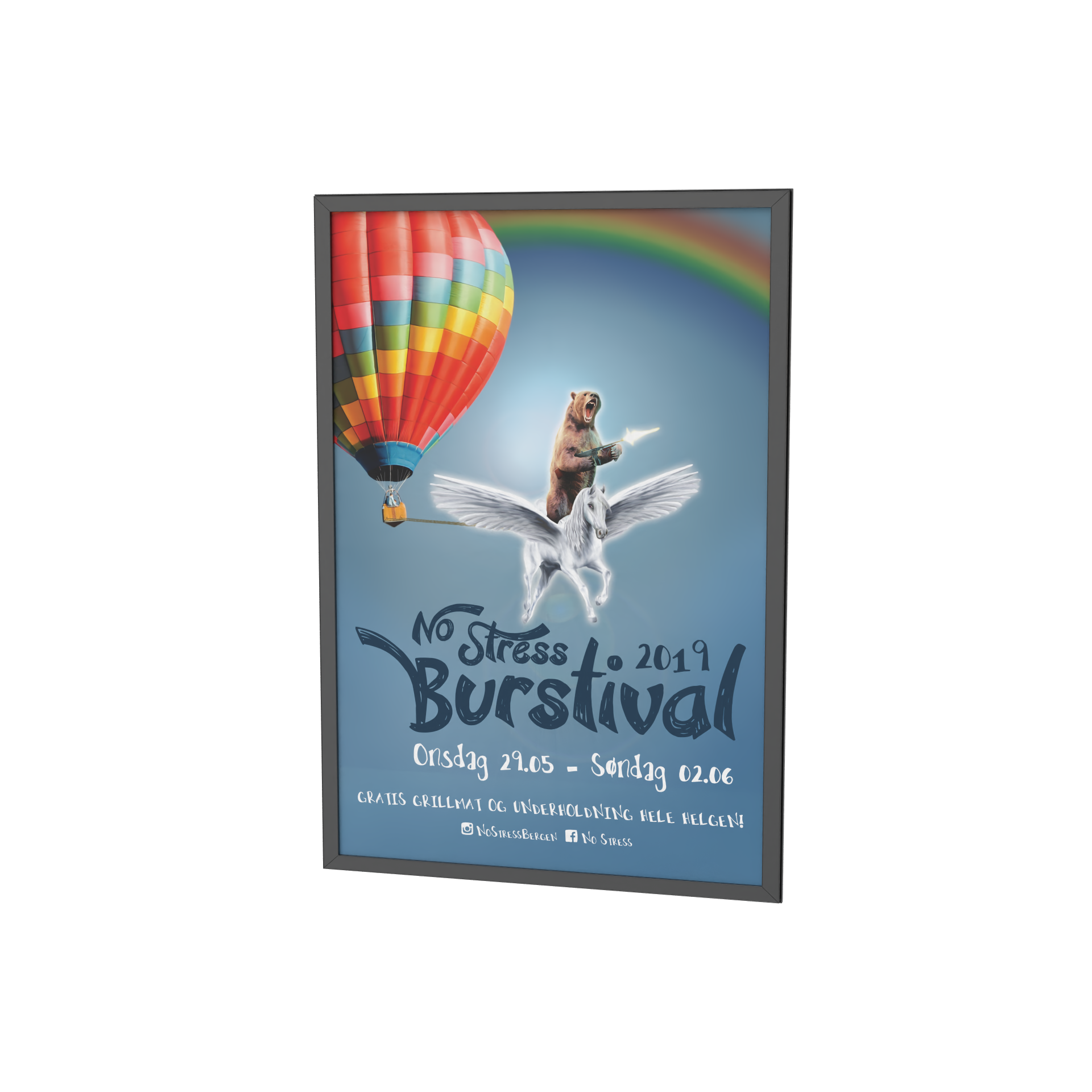 Event poster for No Stress BurstiVal in 2019 featuring a hot air balloon, a winged unicorn, a bear riding the unicorn, and a rainbow in the background with event details in Norwegian.
