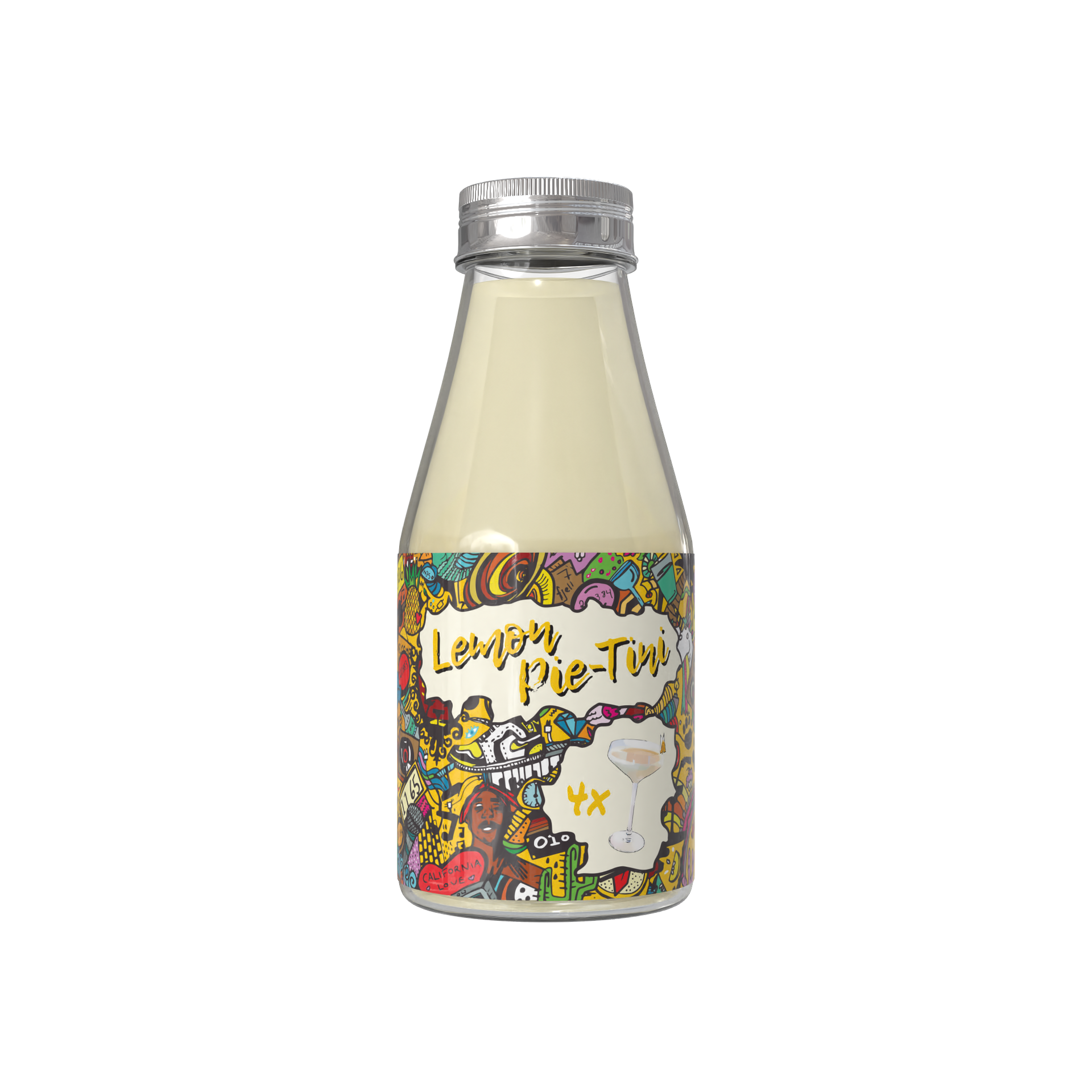 Bottle of Lemon Pie-Tini with colorful, graffiti-style art on the label.