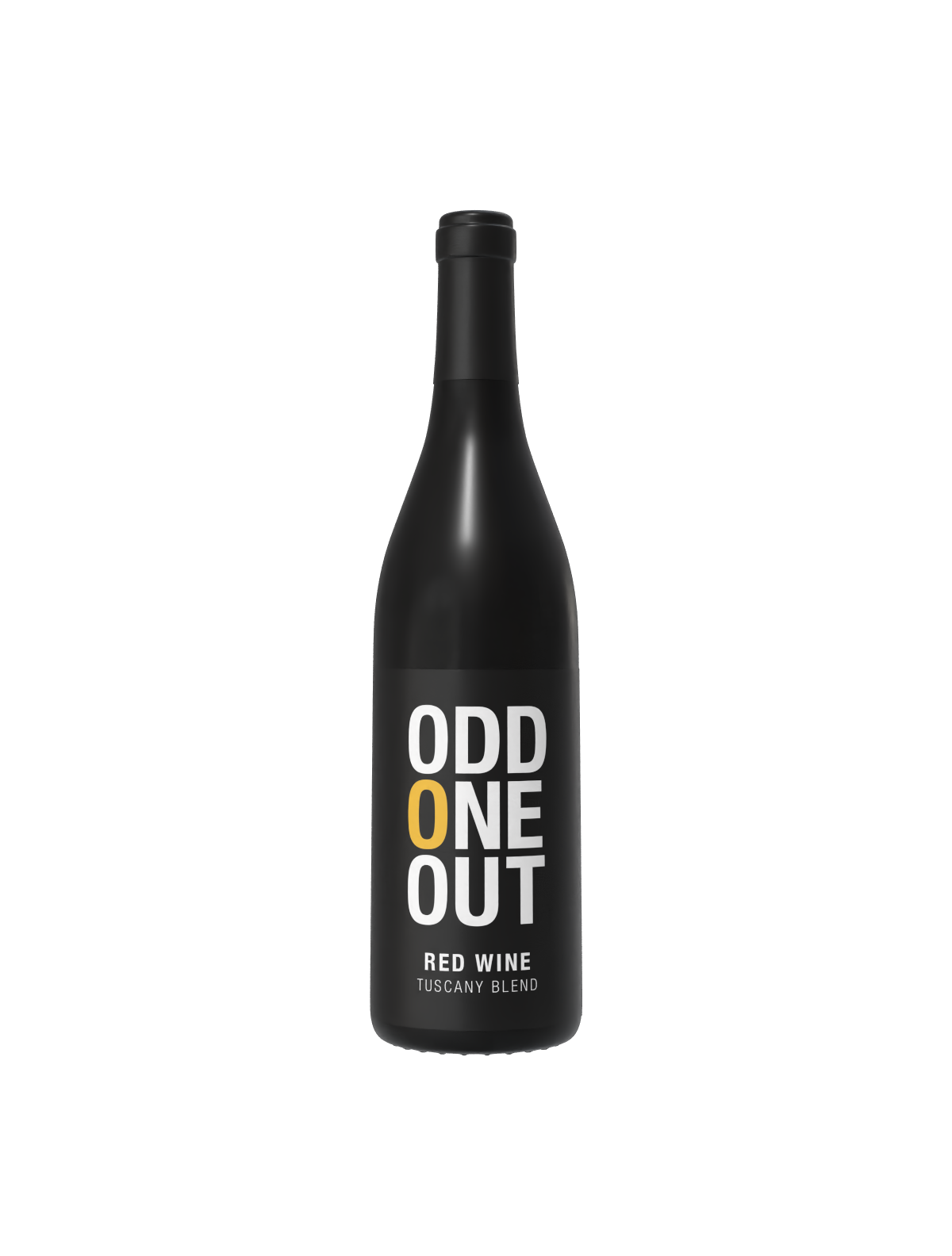 Black bottle of Odd One Out Red Wine Tuscany Blend with white and yellow text on the label.