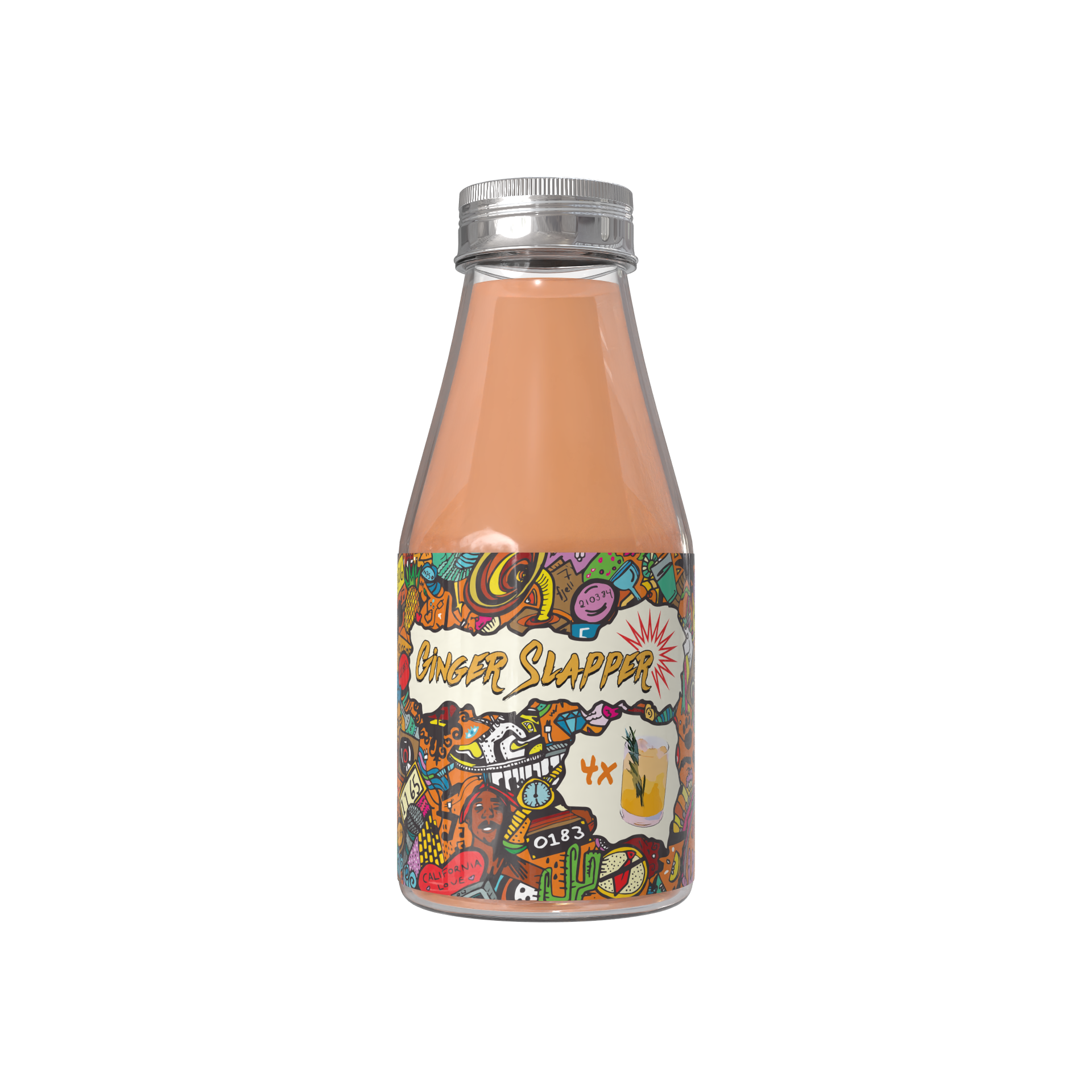 A clear glass bottle with a colorful, cartoon-style label reading 'Ginger Slapper' and a small illustration of a ginger drink with a sprig of herb.