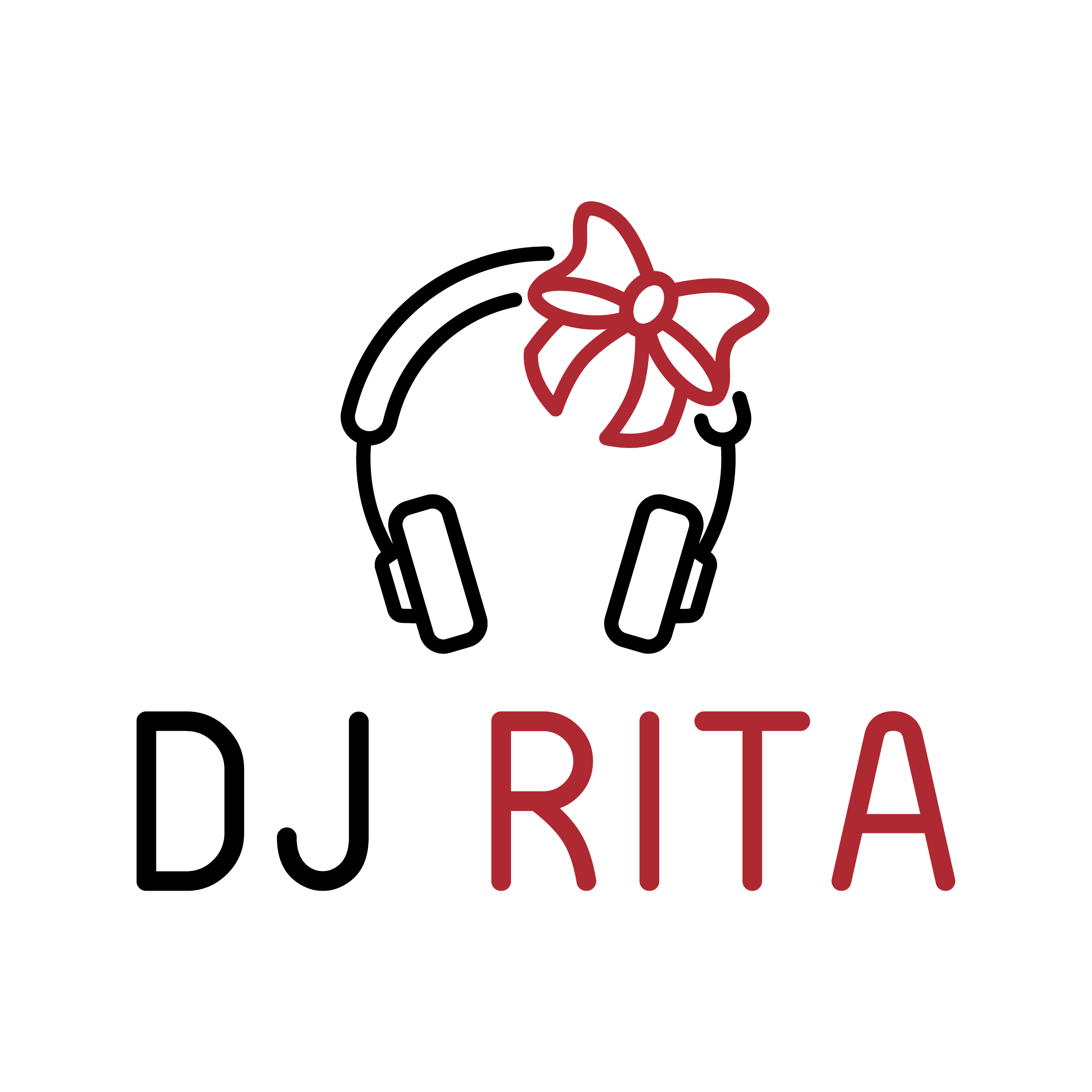 Logo with a headphone outline, a bow above, and the words 'DJ RITA' in stylized text.