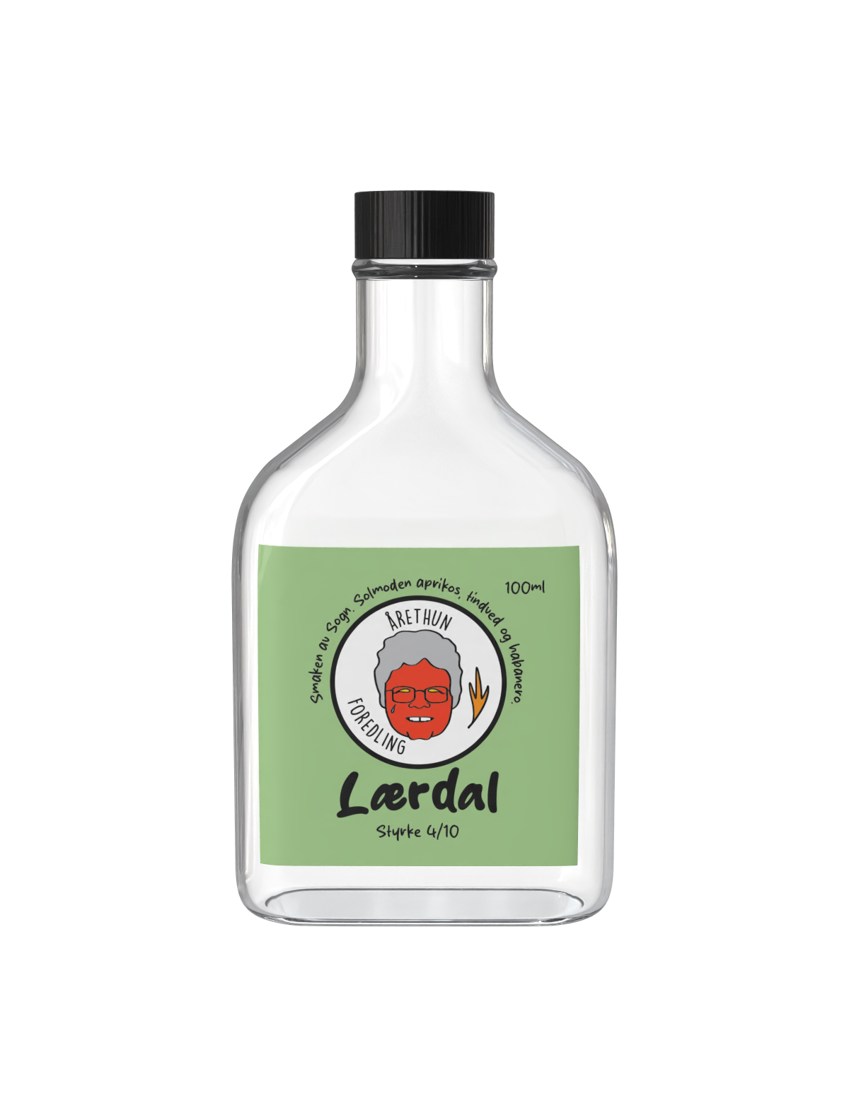 Clear glass bottle with a black cap and a green label, featuring a cartoon figure with gray hair, glasses, and a beard, holding a leaf. The label says 'Lærdal', indicates 100ml, and has some Norwegian text.