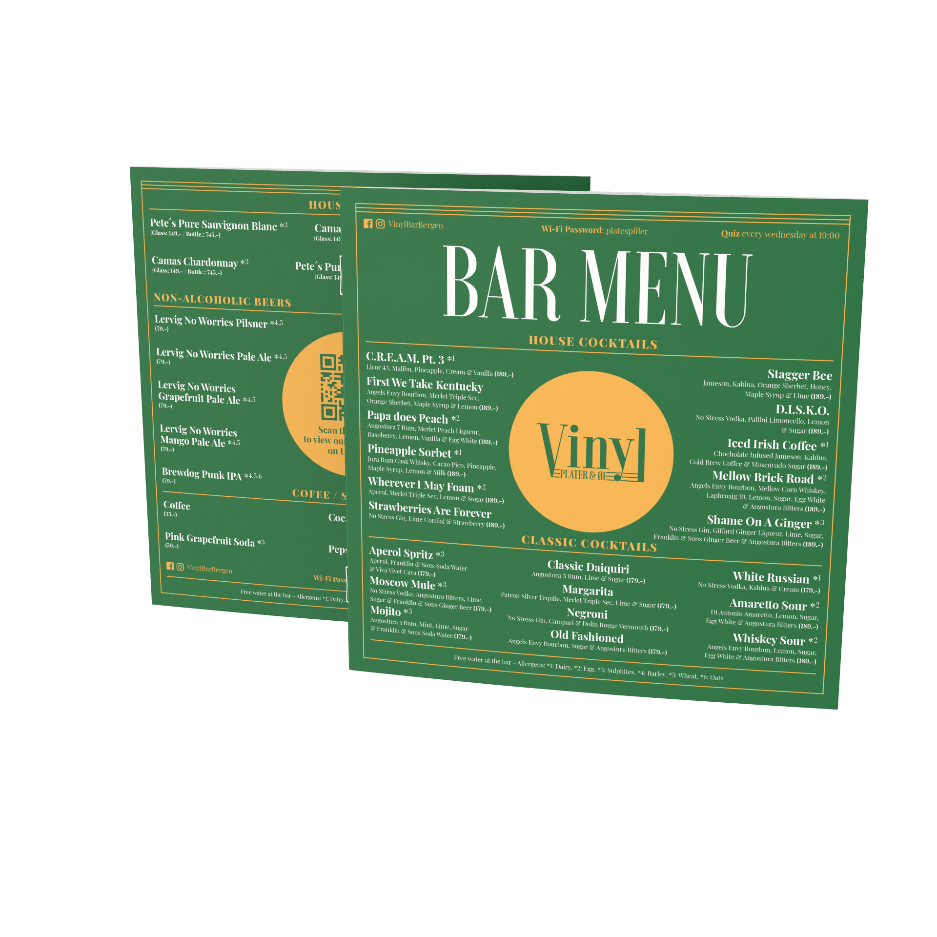 Green bar menu with various cocktails, non-alcoholic beers, and coffee options, labeled 'Vinyl' with house cocktails and classic cocktails sections.