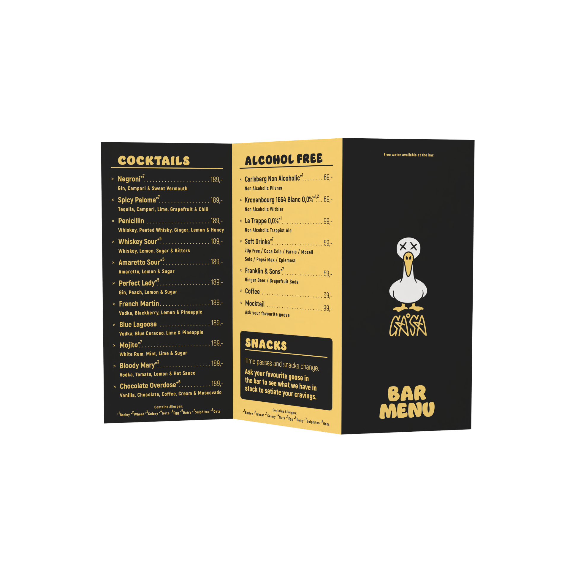 Bar menu booklet with black, yellow, and white design, featuring cocktails, drinks, snacks, and a cartoon goose logo.