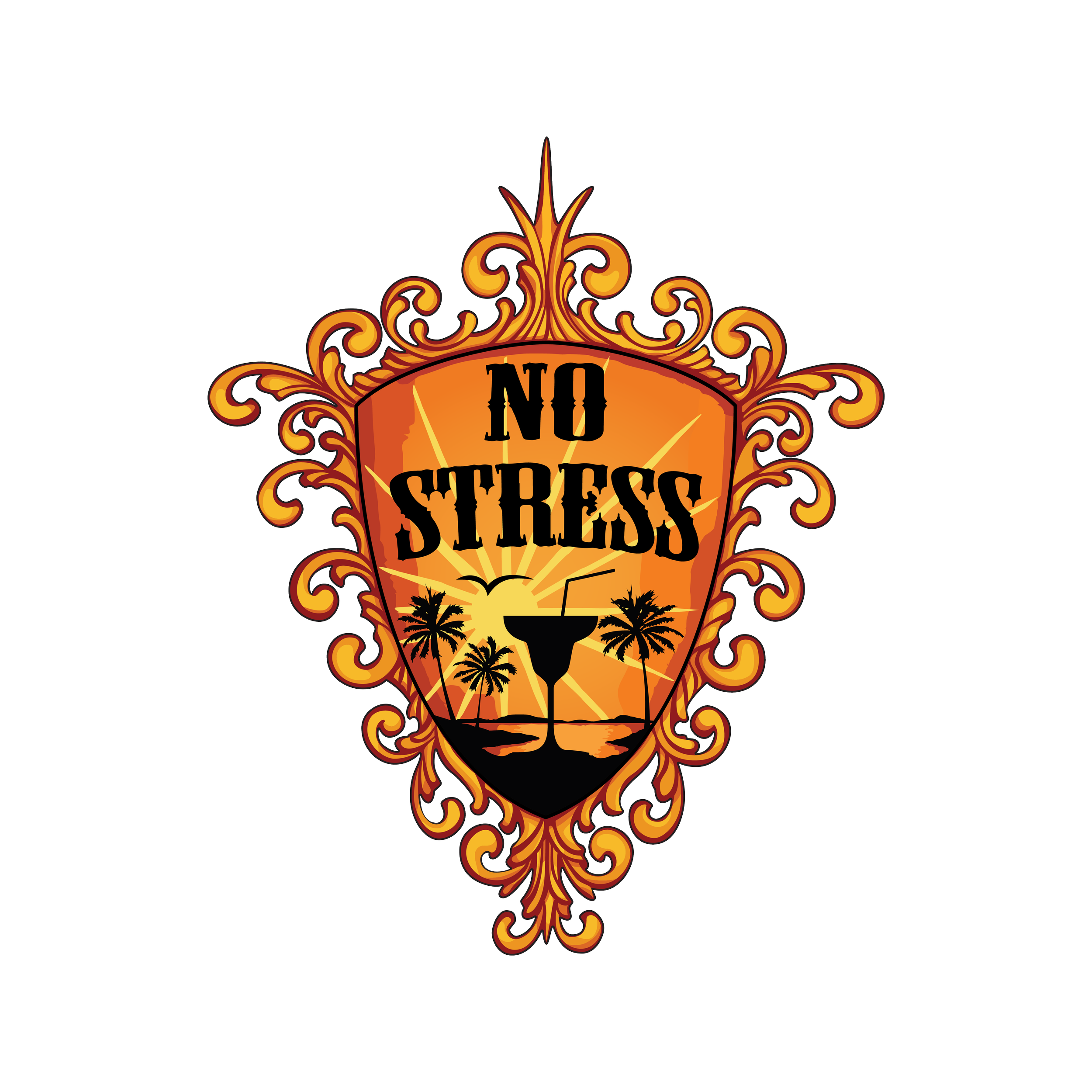 A decorative emblem with a sunset, palm trees, and a cocktail glass, featuring the phrase 'No Stress' in bold black letters.
